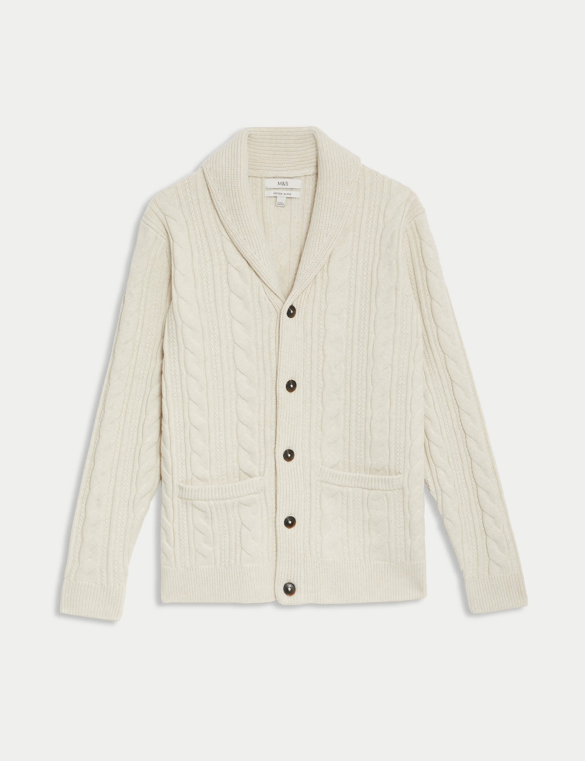 Cotton Blend Cable Shawl Collar Cardigan