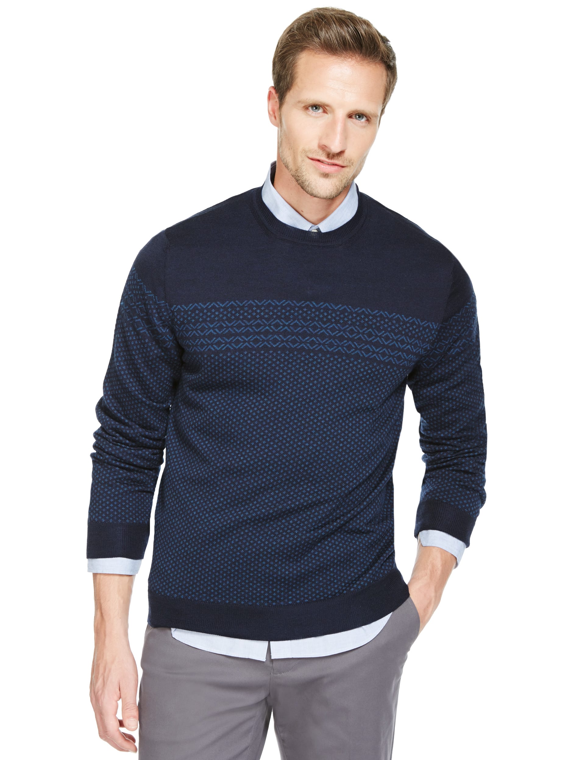 Merino Wool Rich Slim Fit Geometric Print Jumper with Silk Image 2 of 3