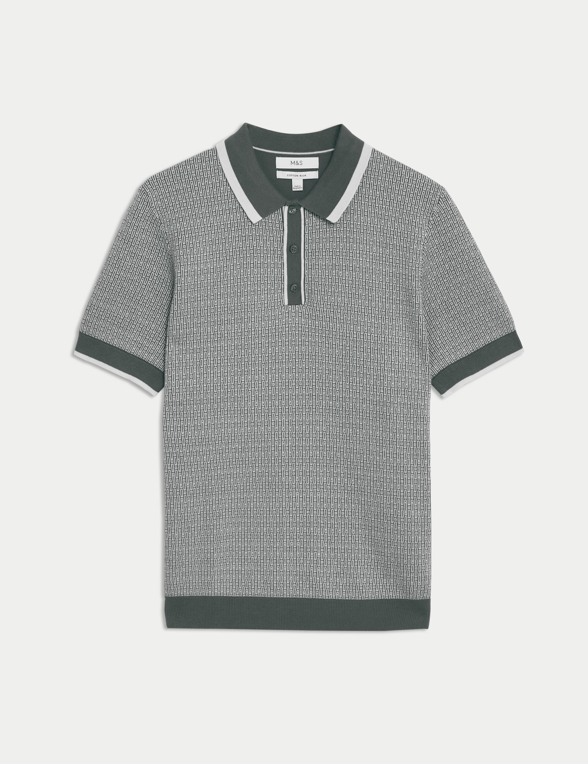 Cotton Rich Geometric Knitted Polo Shirt