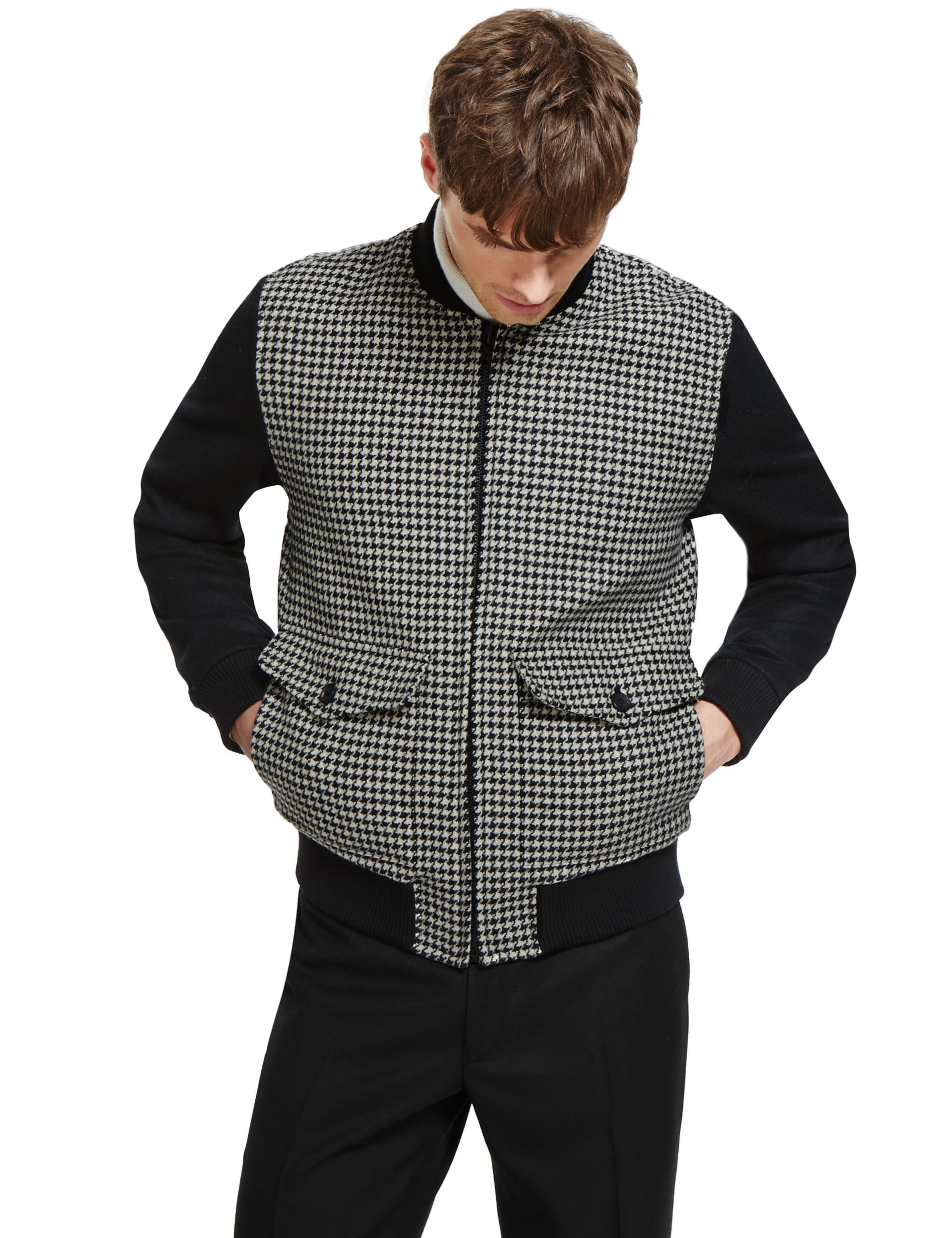 Pure Wool Baseball Collar Puppytooth Jacket Image 2 of 6