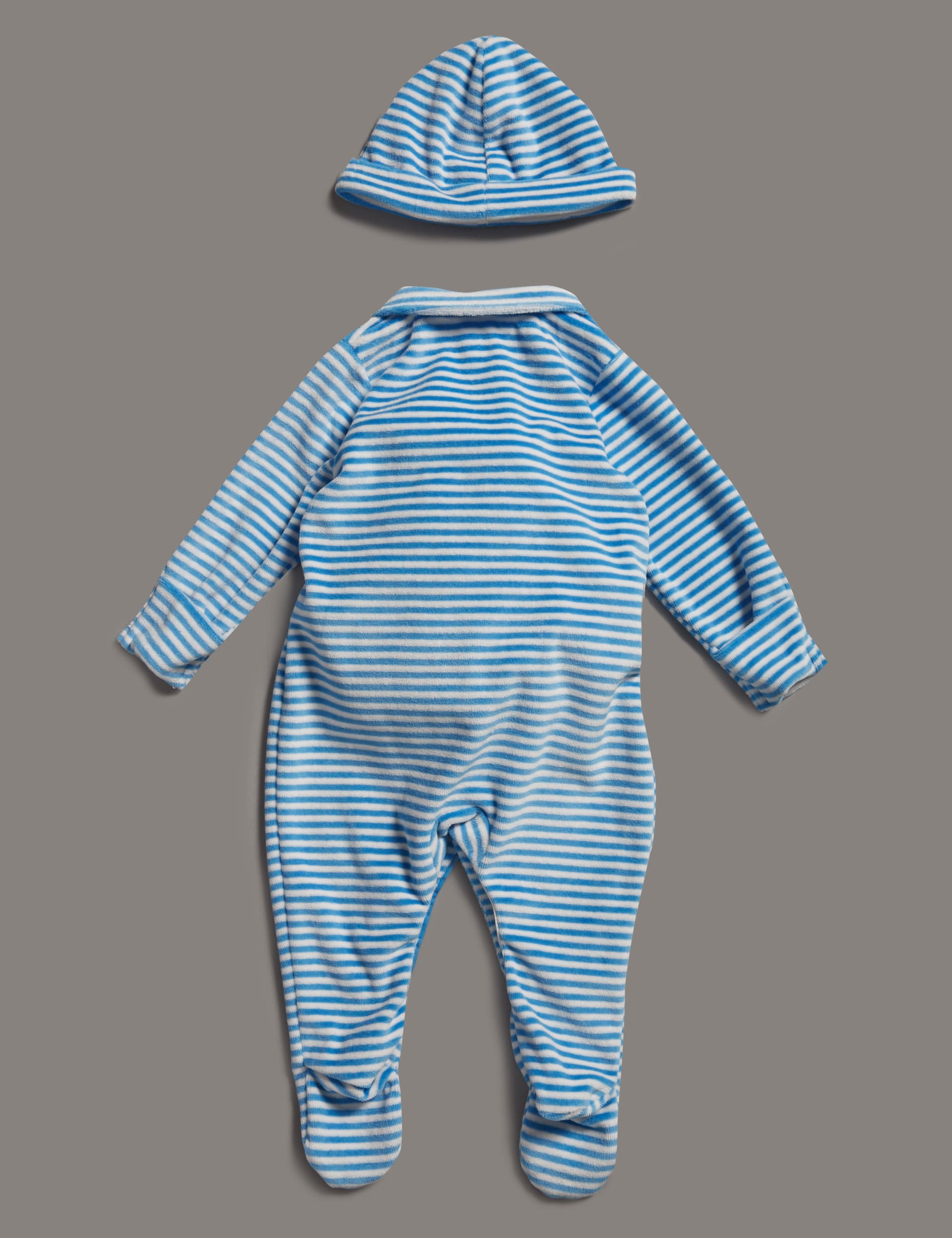 2 Piece Striped Velour Sleepsuit & Hat Image 2 of 3