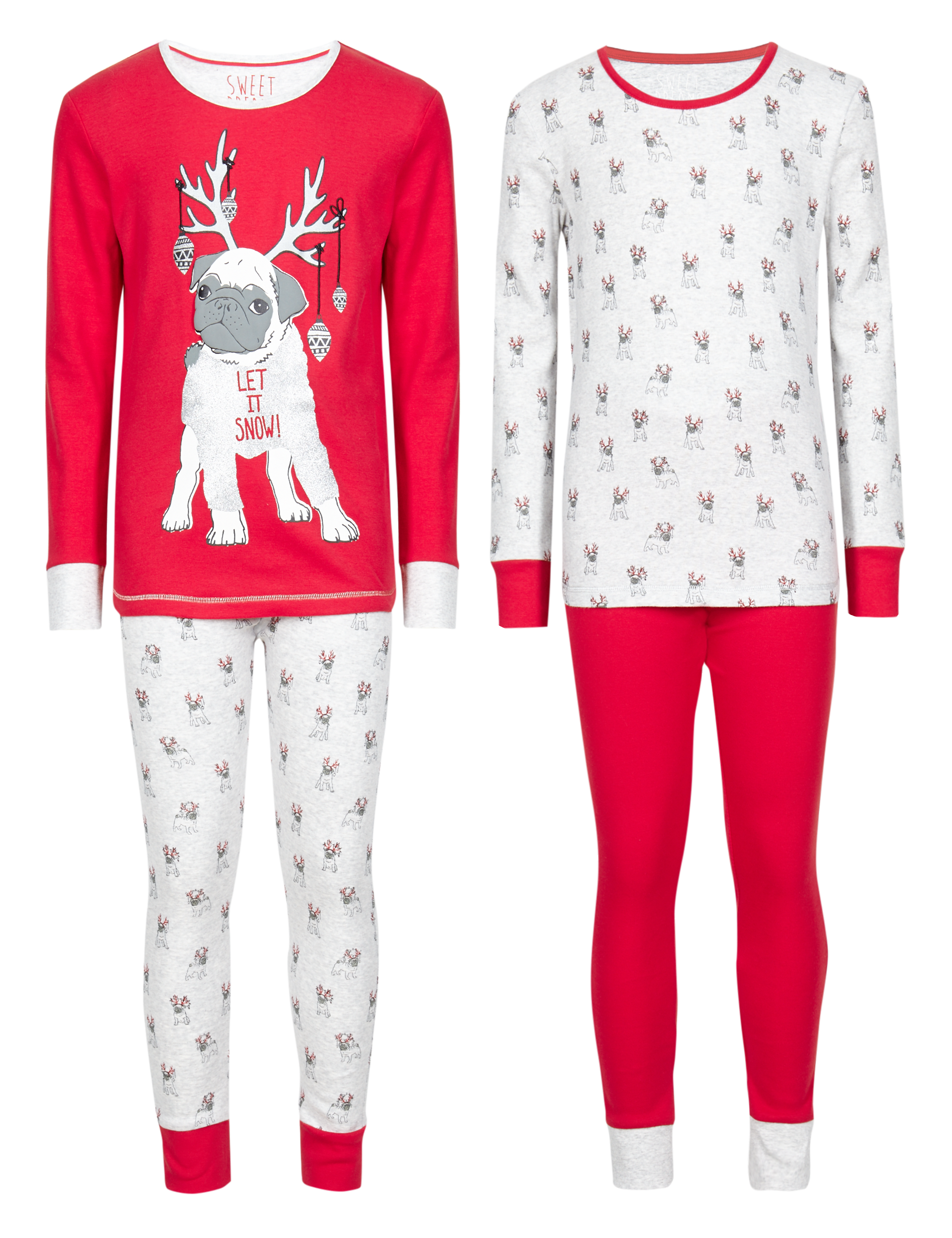 2 Pack Pure Cotton Stay Soft Christmas Pug Pyjamas (5-14 Years) Image 2 of 6