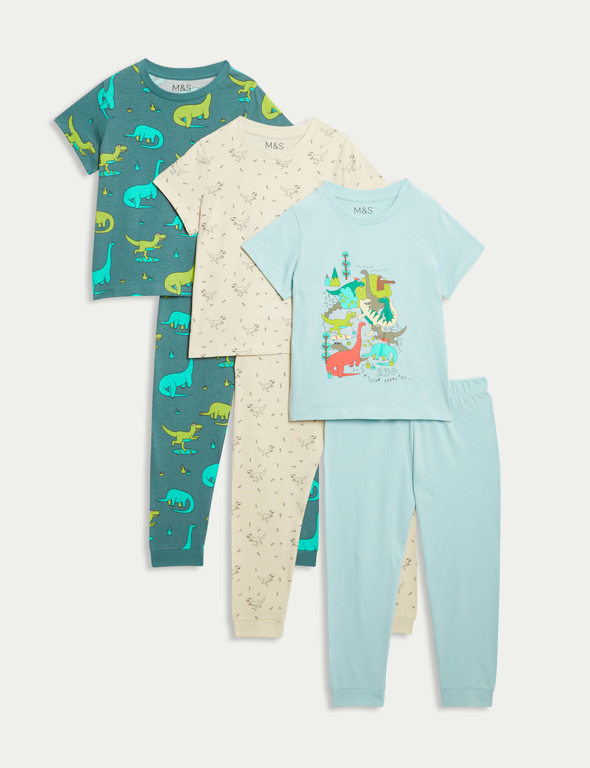 3pk Pure Cotton Dinosaur Pyjama Sets (1-8 Yrs)