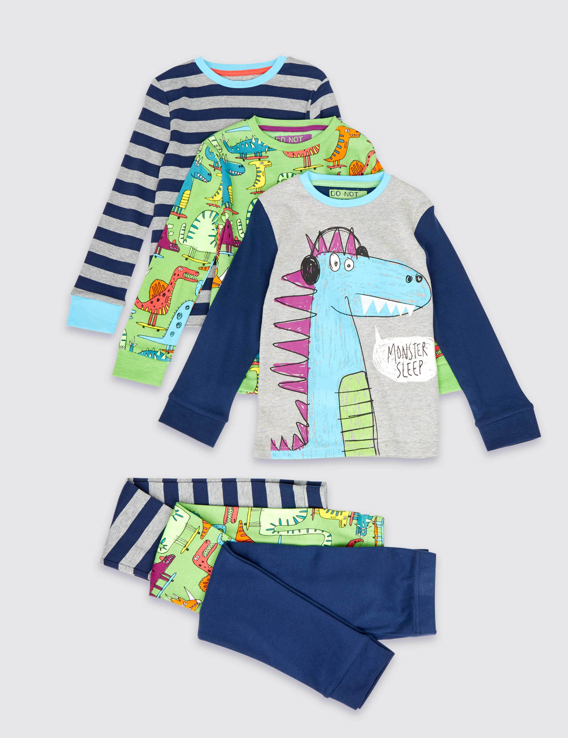 3 Pack Cotton Rich Dino Striped Pyjamas (1-8 Years) Image 2 of 10