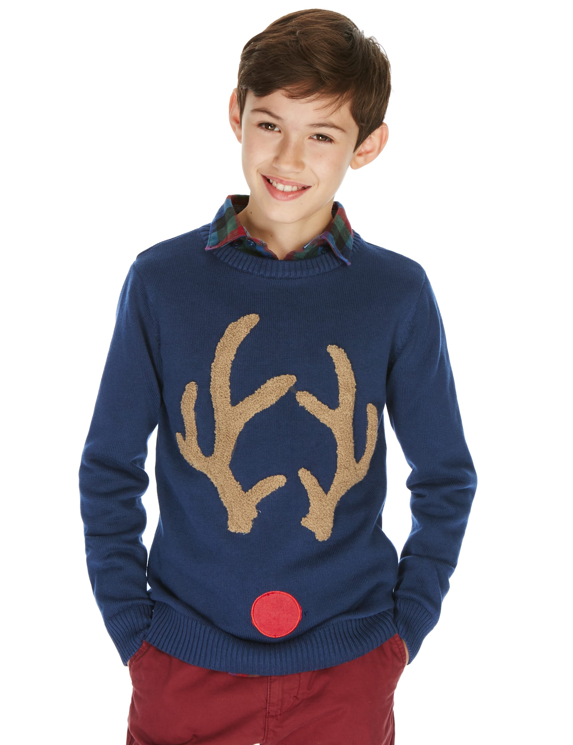 Pure Cotton Christmas Rudolph Red Nose Jumper (5-14 Years) Image 2 of 3