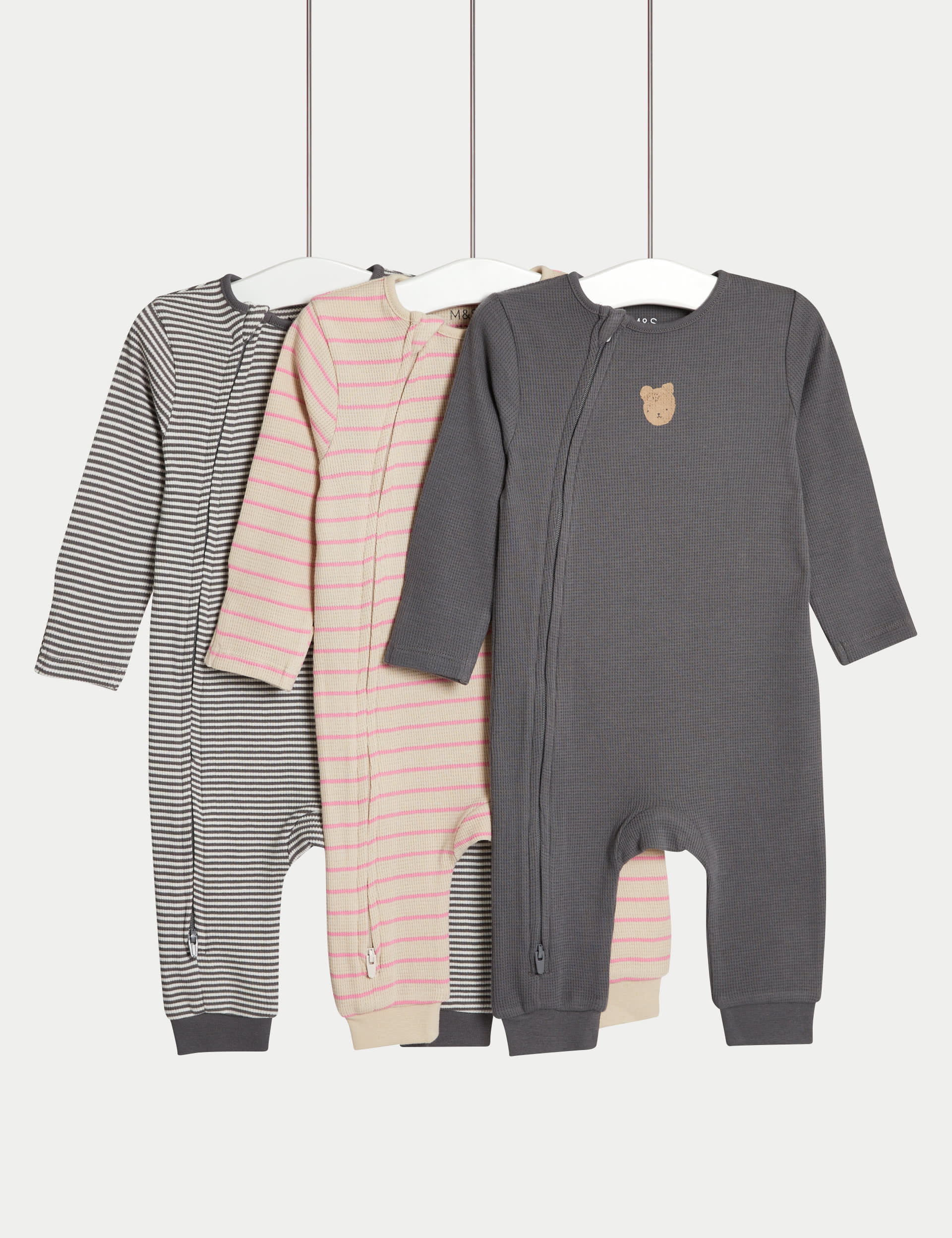 3pk Pure Cotton Bear & Striped Sleepsuits (6½lbs-3 Yrs)