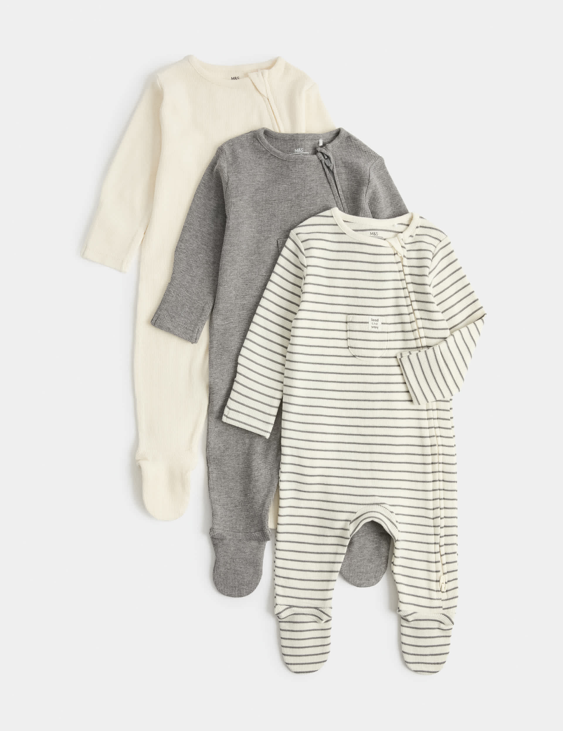 3 Pack Pure Cotton Waffle Sleepsuits (7lbs-3 Yrs) by M&S