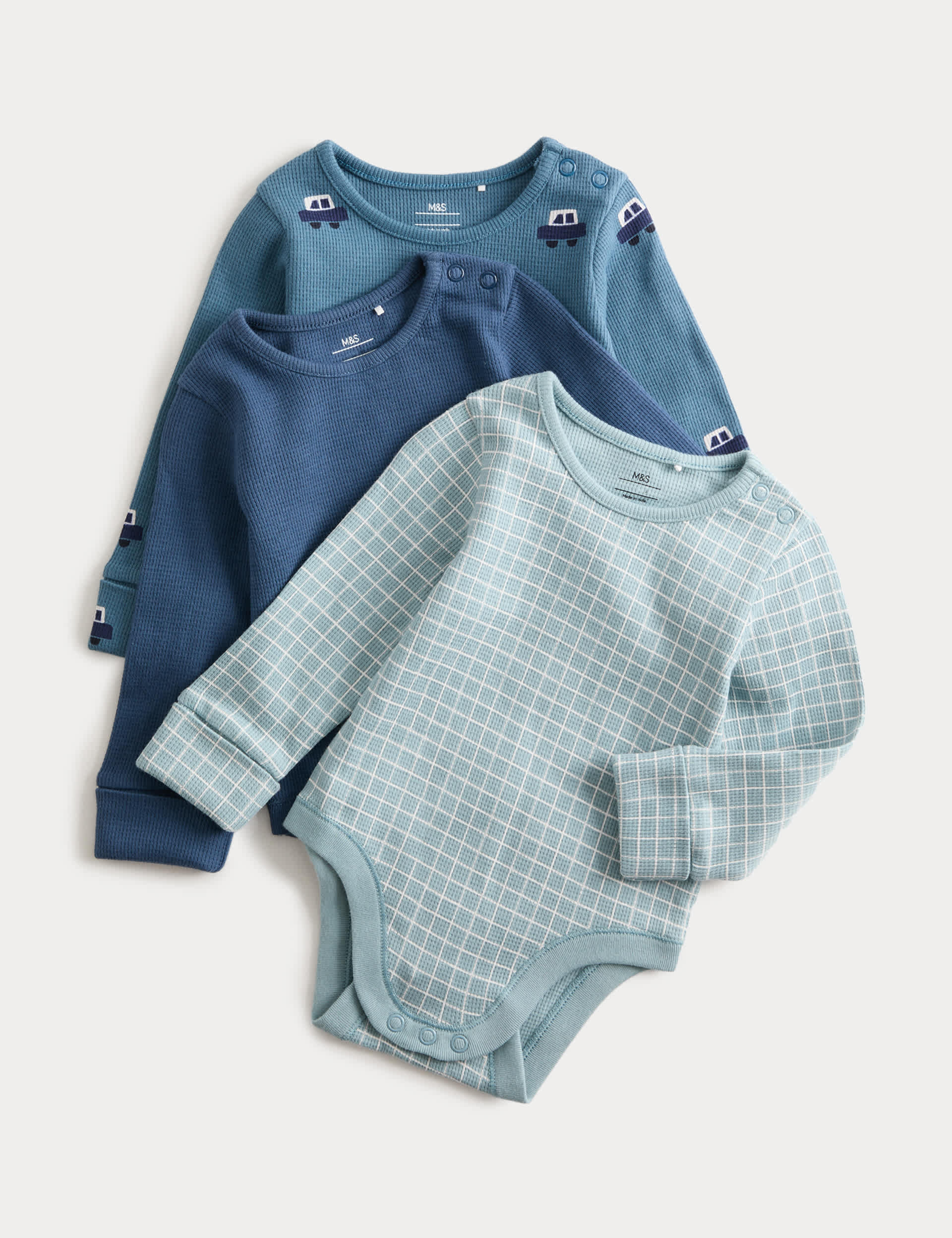 3pk Pure Cotton Car Long Sleeve Bodysuits (0-3 Yrs) | M&S Collection | M&S