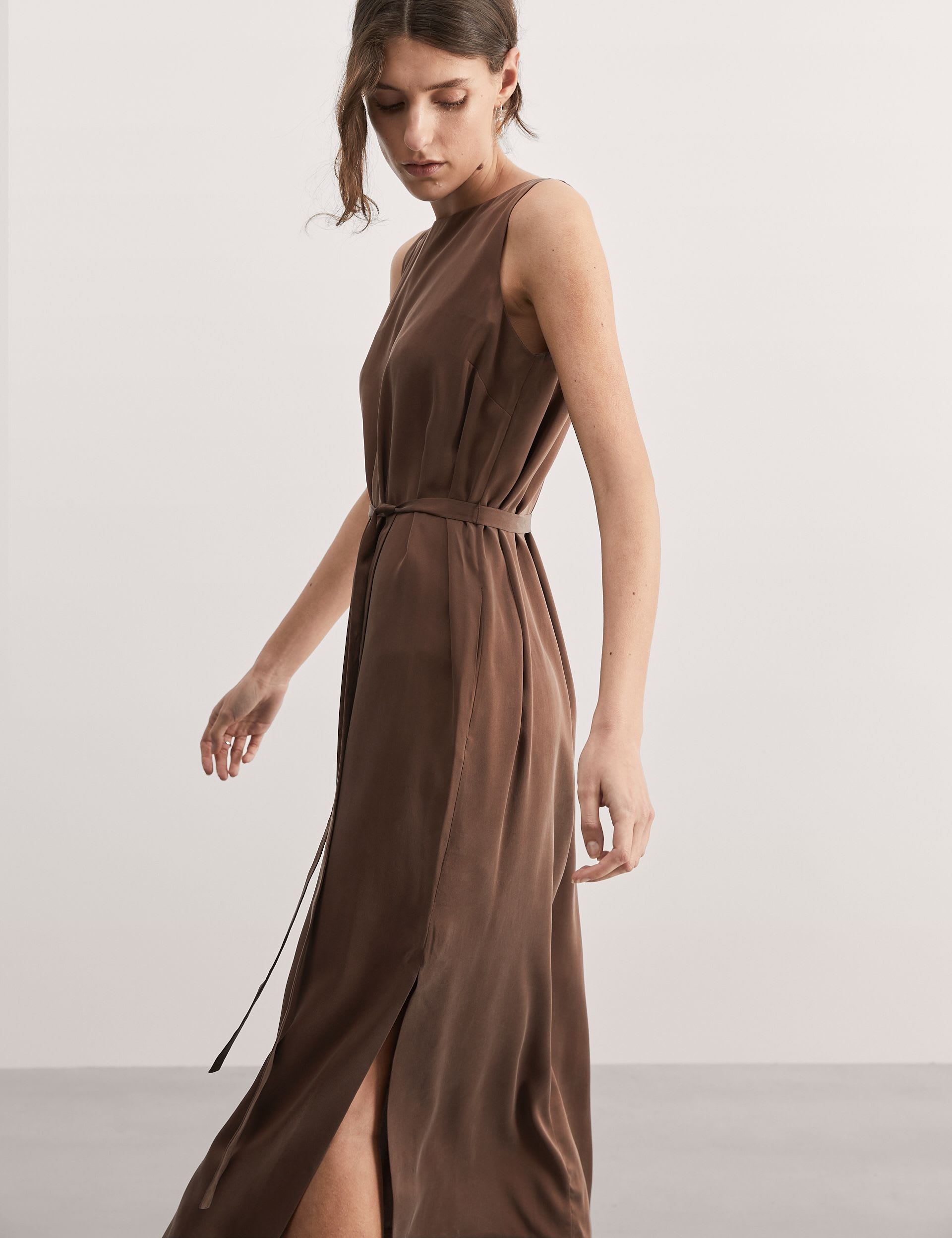 Pure Silk Belted Midi Column Dress