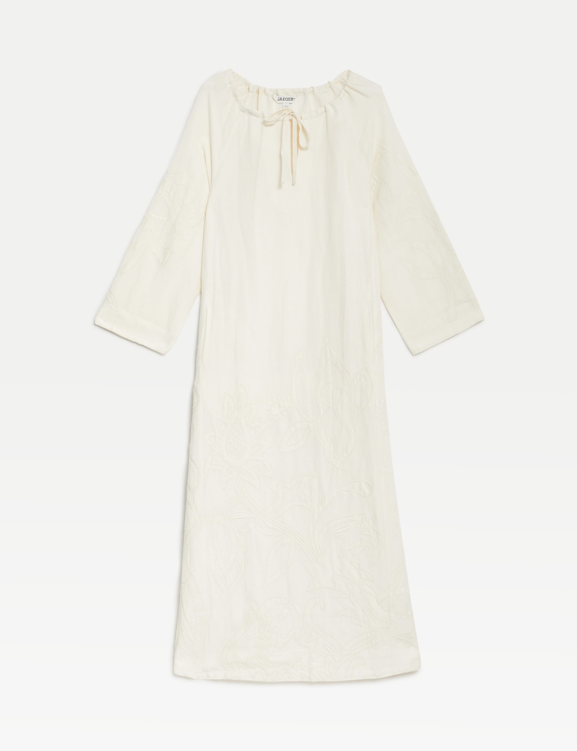 Linen Rich Embroidered Tie Neck Midi Shift Dress