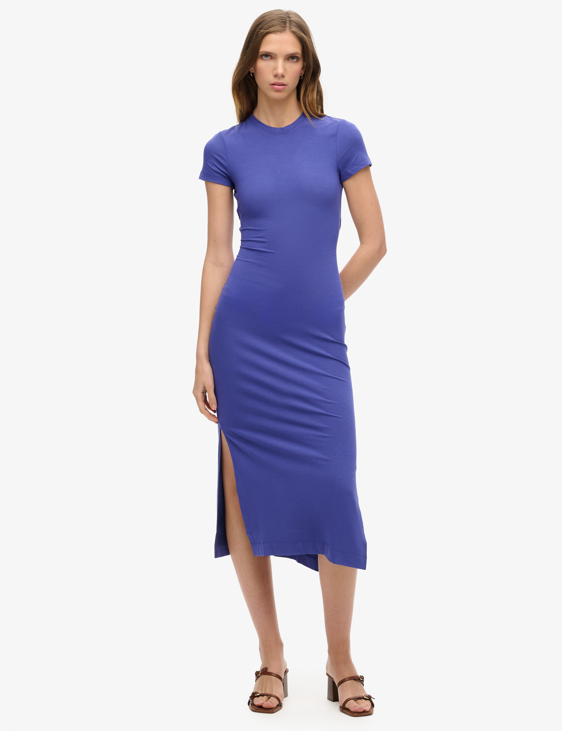 bodycon ruffle dress Women Blue & White Floral Printed Square Neck Puff Sleeves Ruffled Bodycon  Midi Dress main image 1