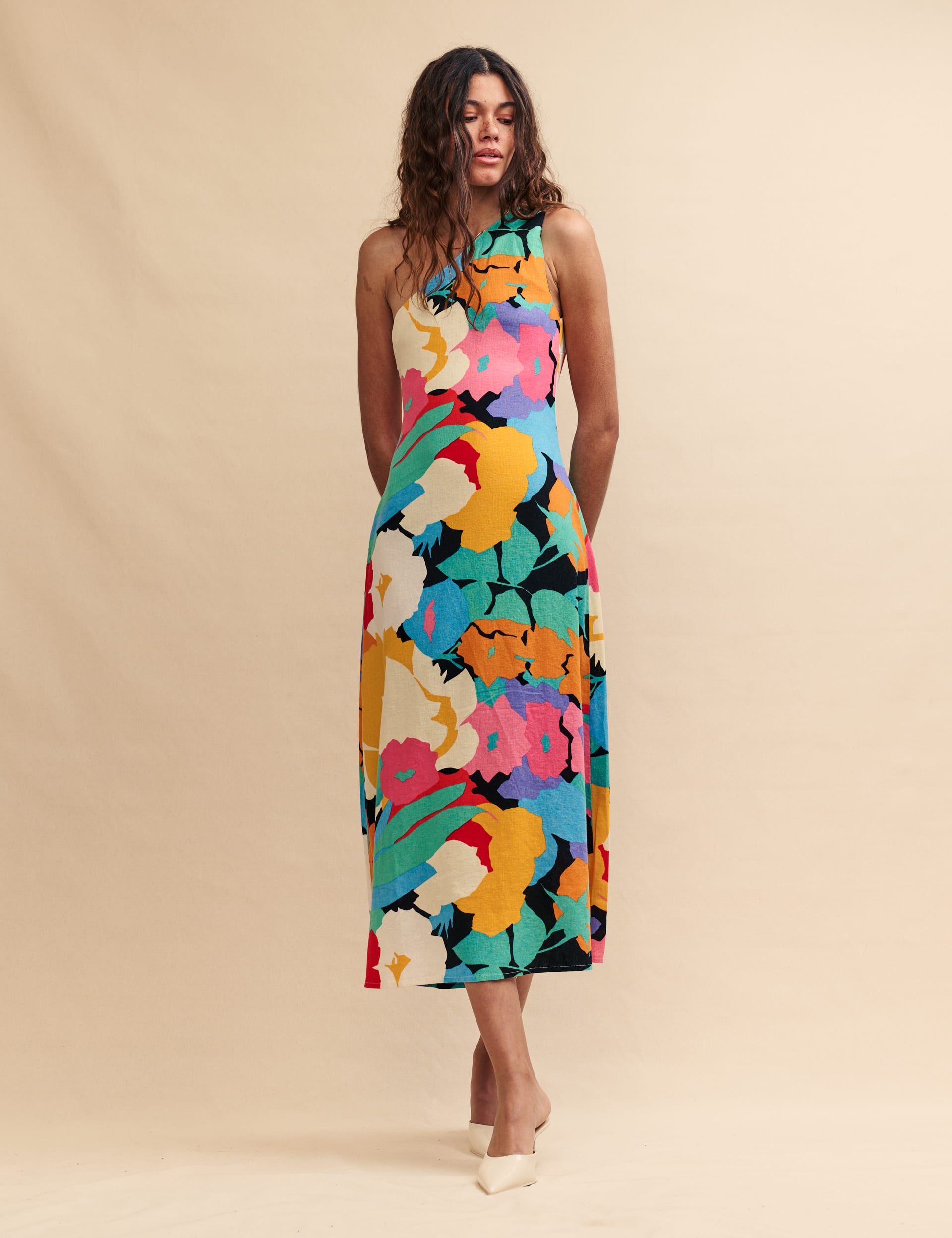 Linen Rich Printed Strappy Midaxi Slip Dress