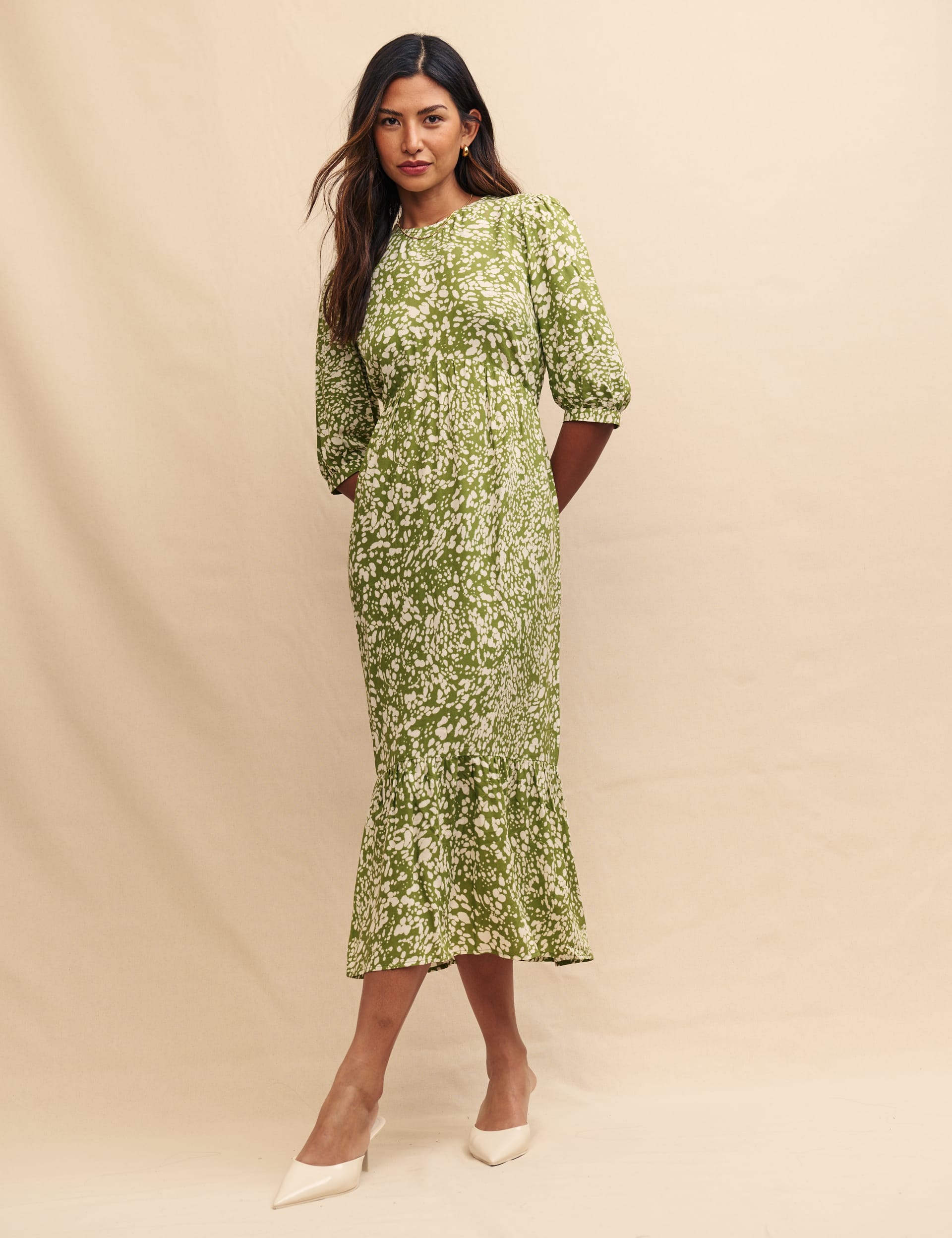 Printed Round Neck Midi Tea Dress