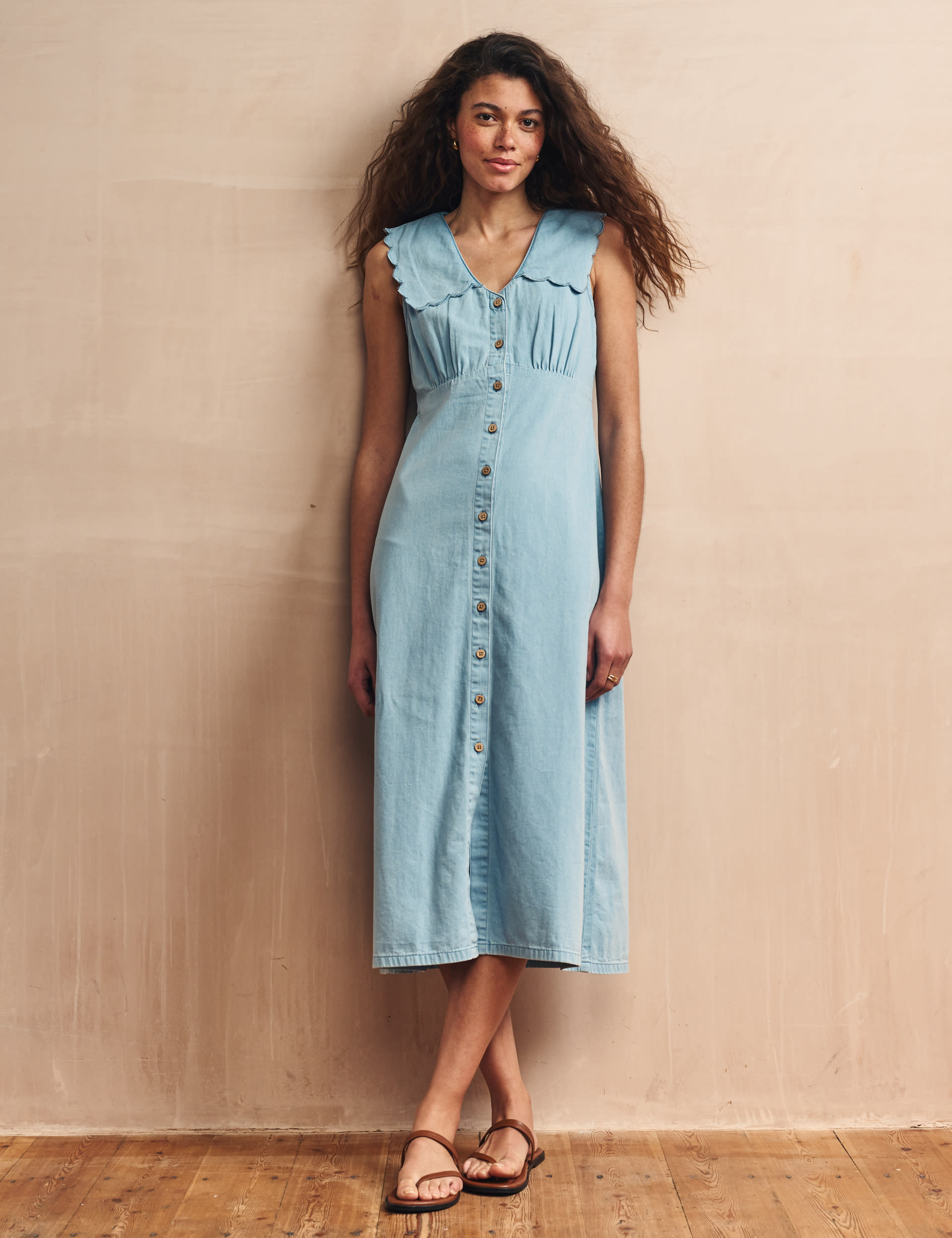 Pure Cotton Denim Midi Waisted Dress