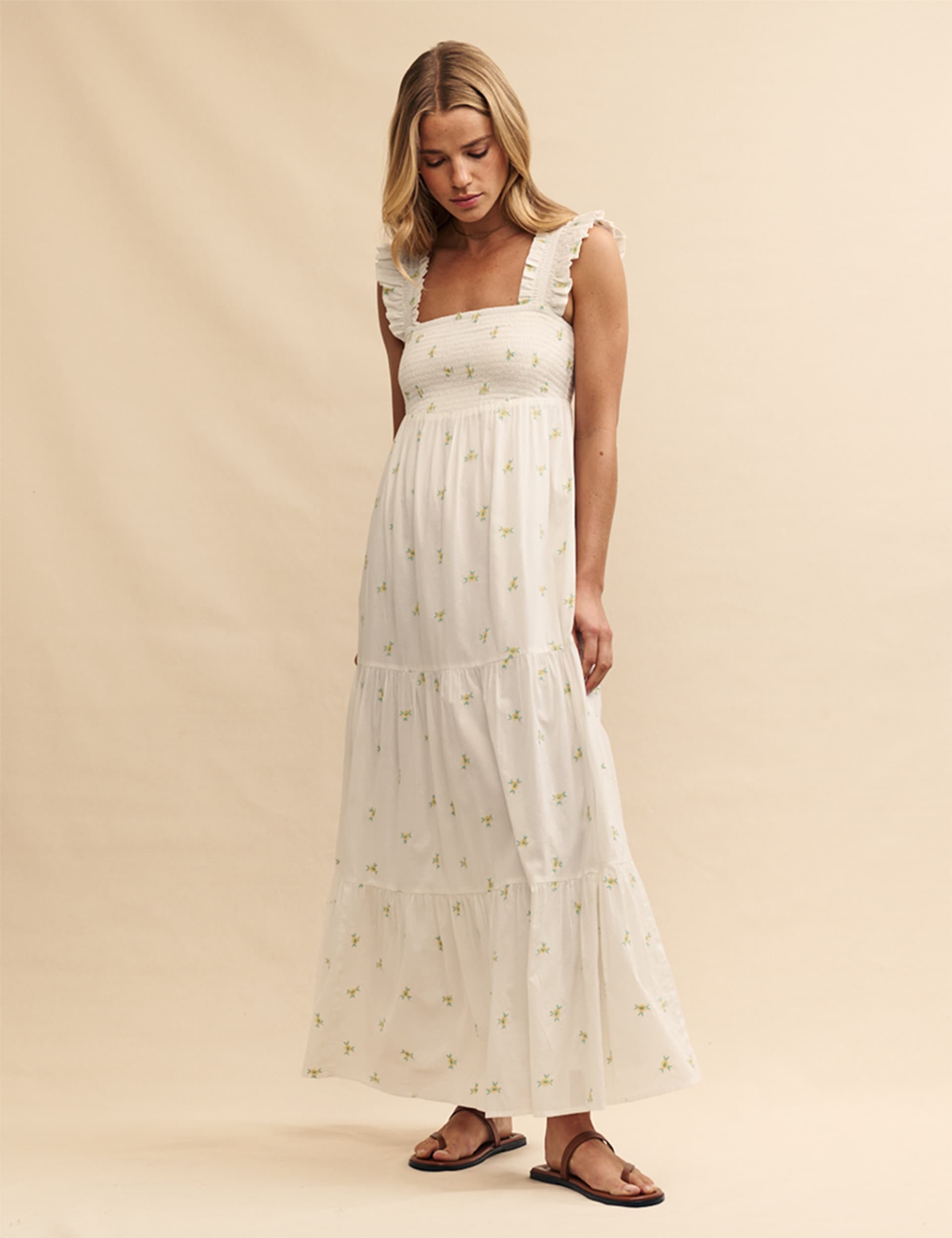 Pure Cotton Floral Embroidered Midaxi Tiered Dress