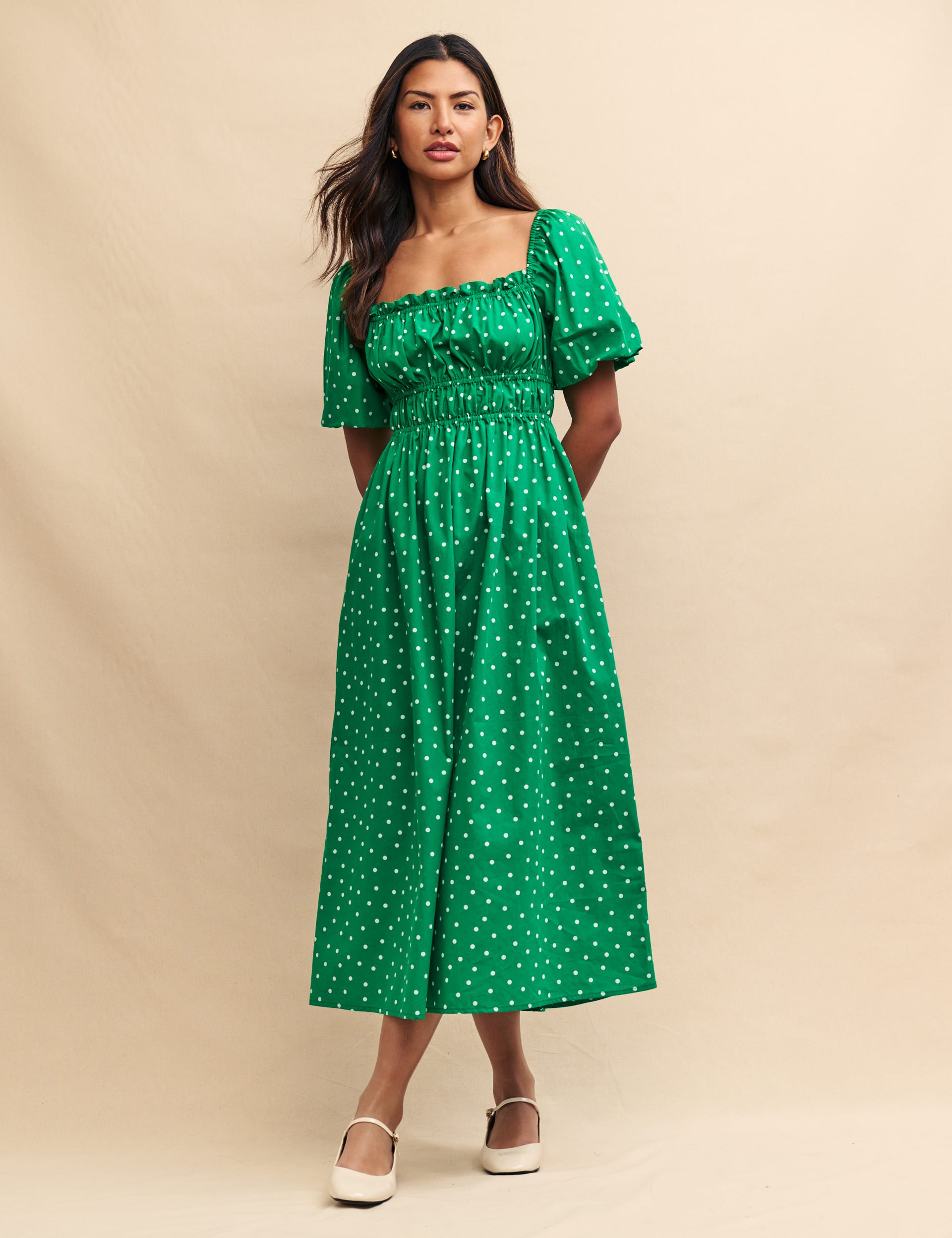 Pure Cotton Polka Dot Square Neck Midi Dress