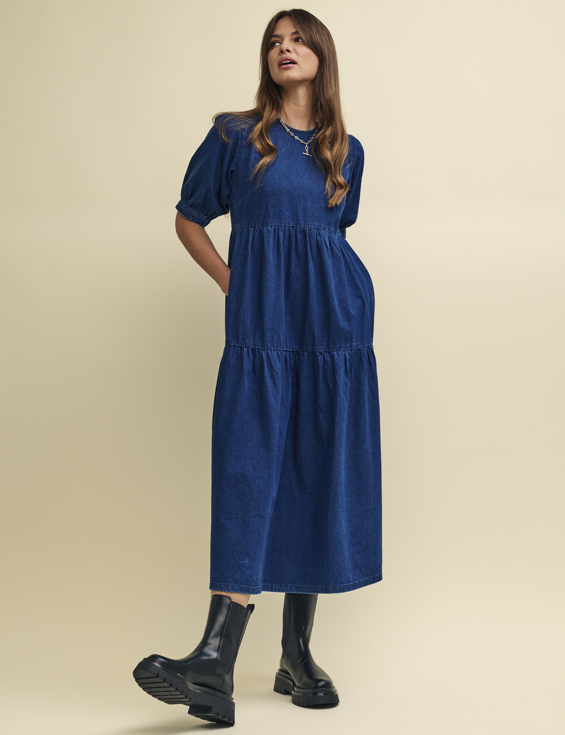 Denim Puff Sleeve Midi Tiered Smock Dress | Nobody's Child | M&S