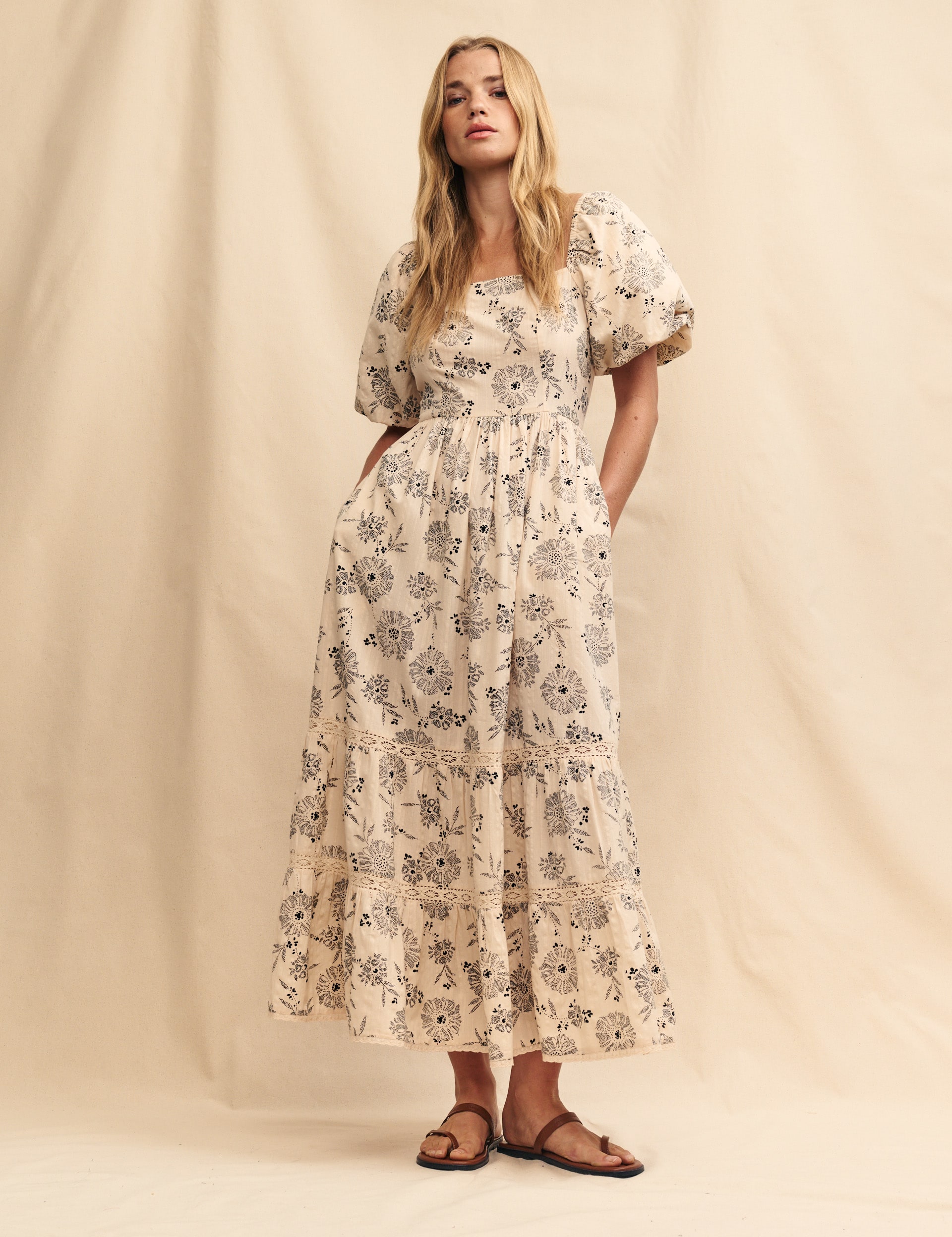 Pure Cotton Floral Square Neck Midaxi Dress