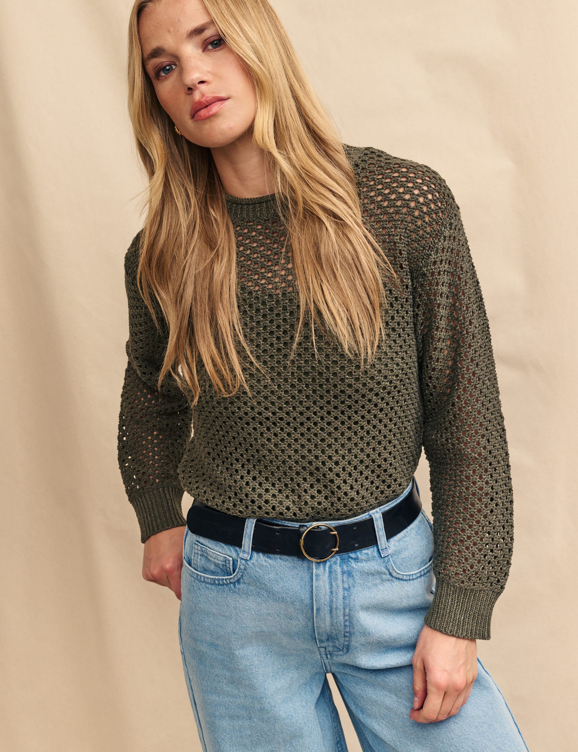 Textured Crew Neck Relaxed Jumper with Linen