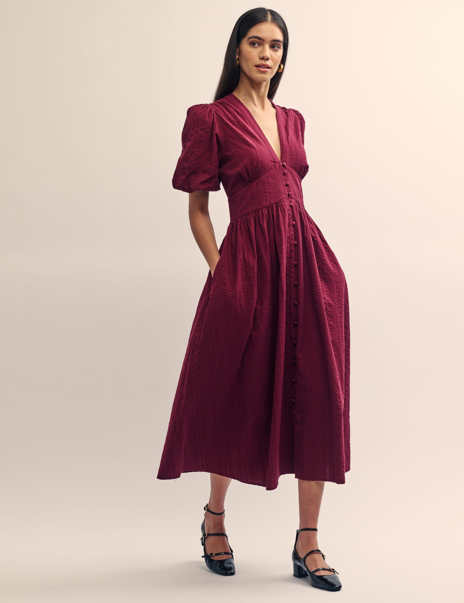 Pure Cotton V-Neck Midaxi Waisted Dress | Nobody