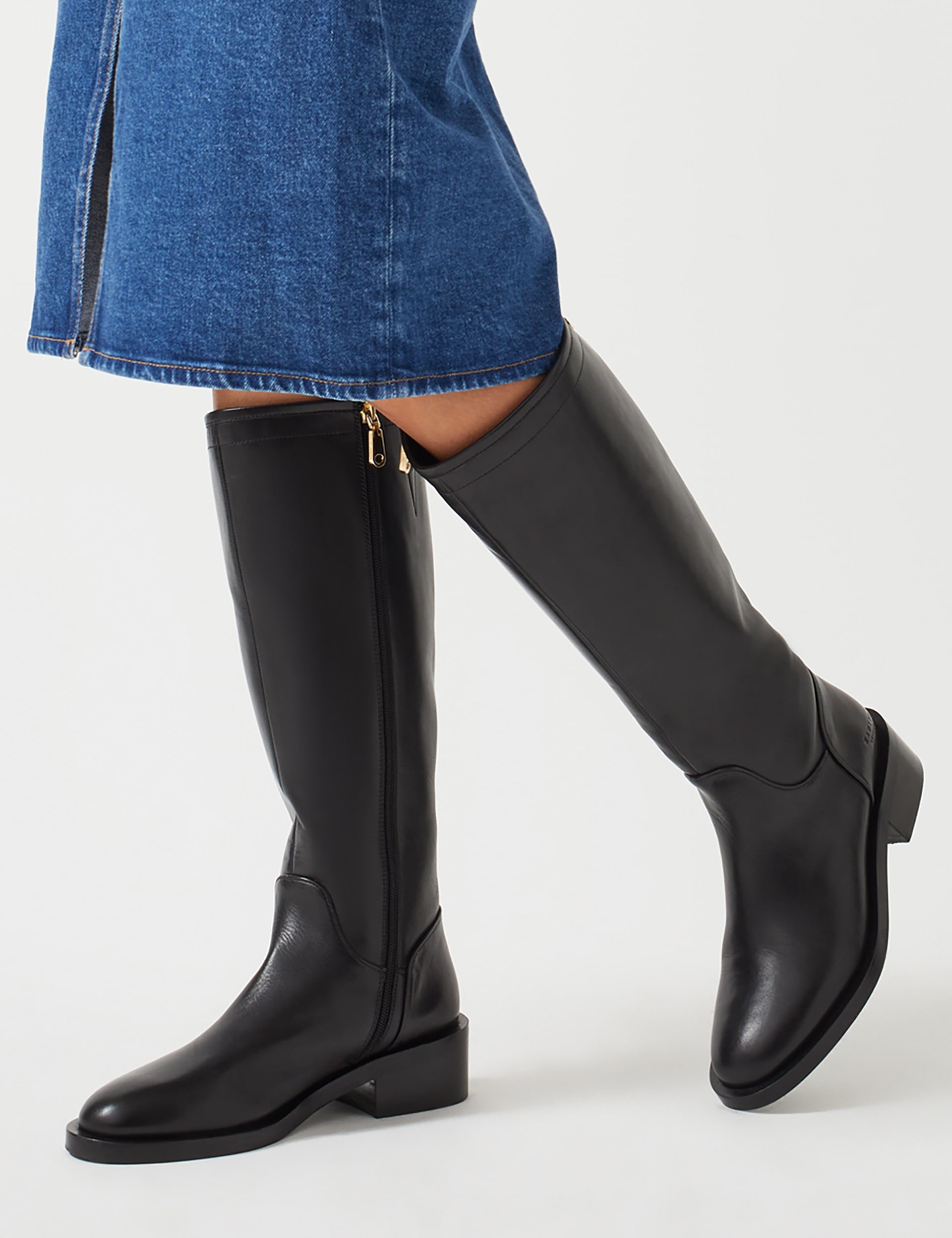 Leather Block Heel Knee High Boots