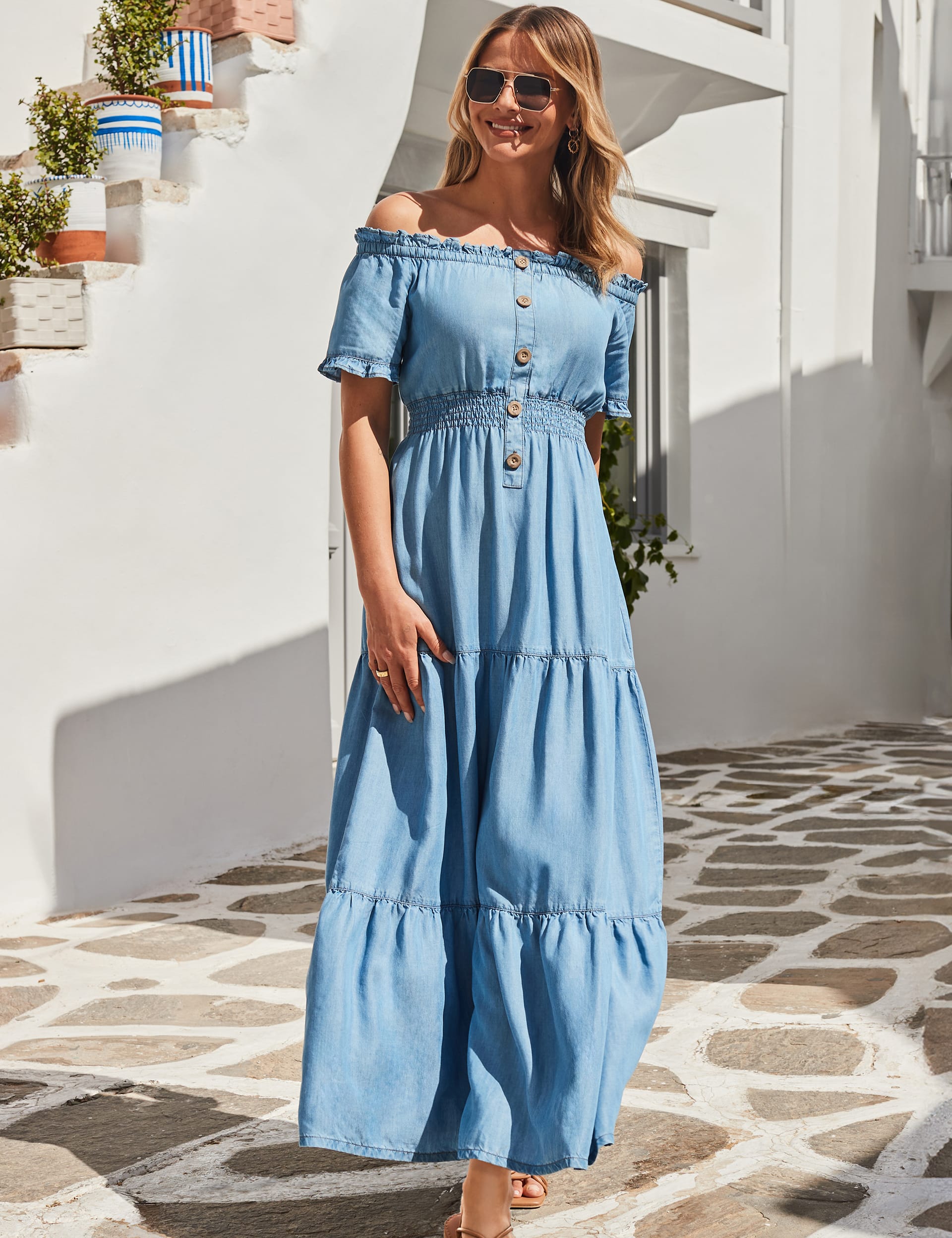 Pure Lyocell Bardot Midaxi Shirred Dress | SOSANDAR | M&S