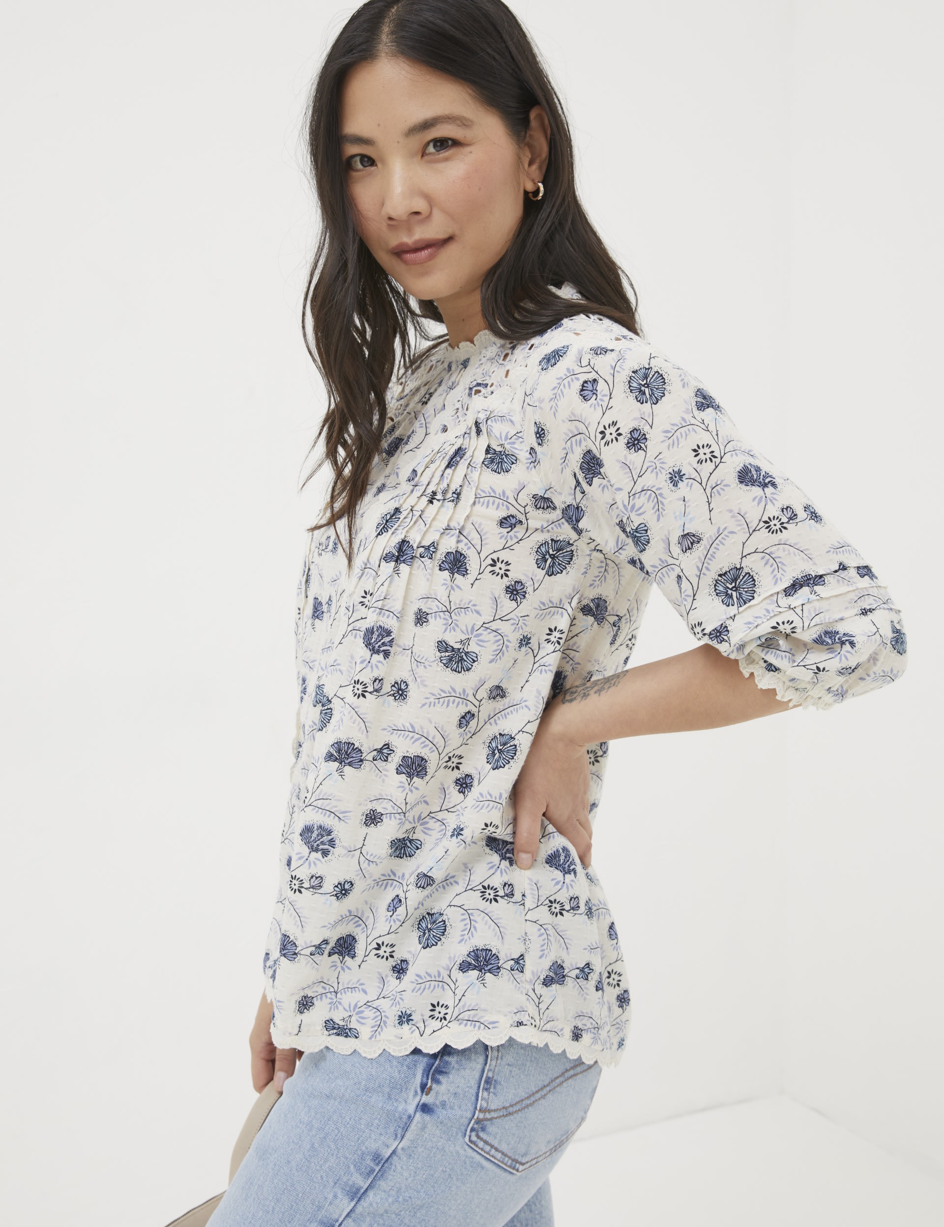 Cotton Blend Floral Broderie High Neck Blouse | FatFace | M&S