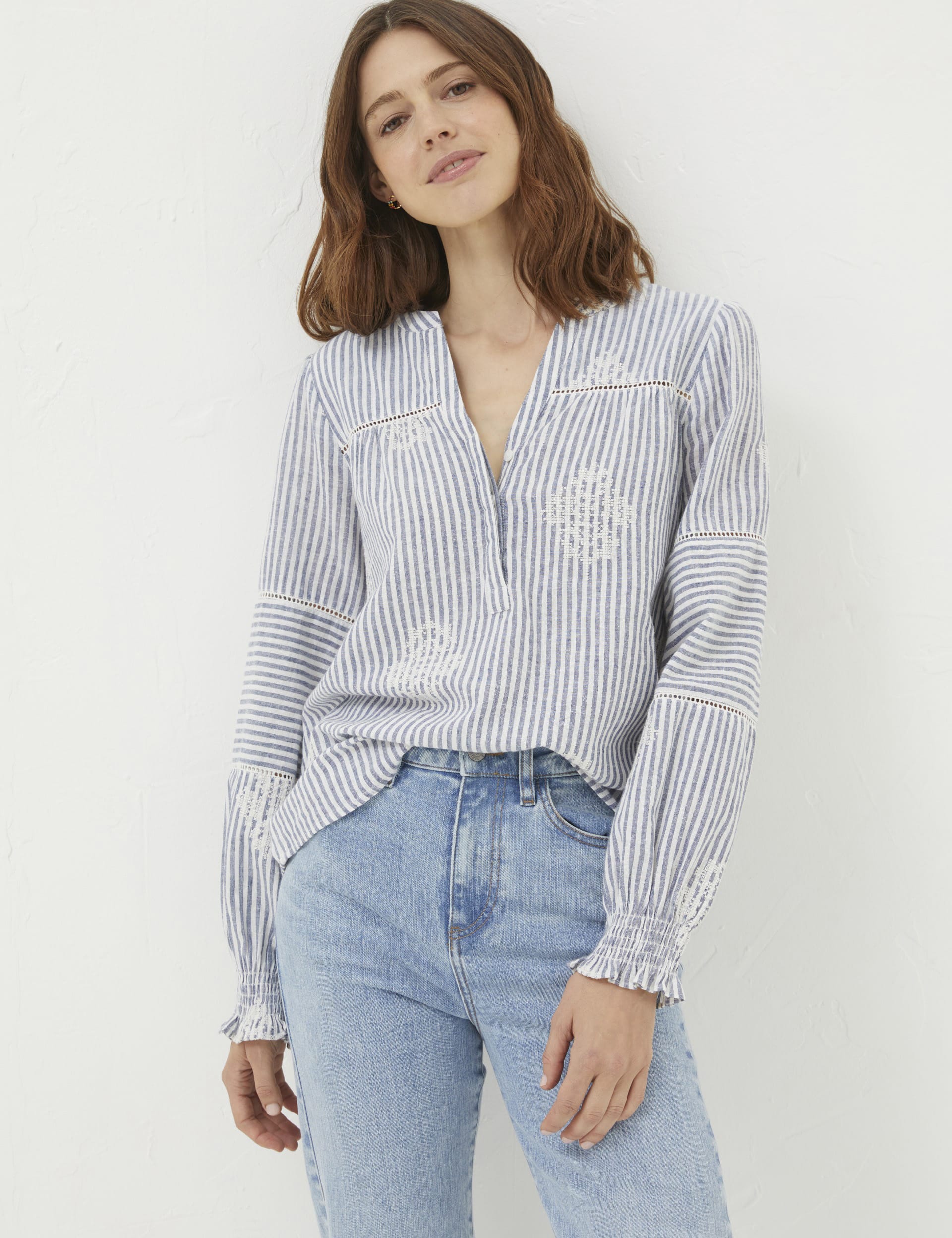 CH25126 Blue Striped Embroidered Blouse main image 0