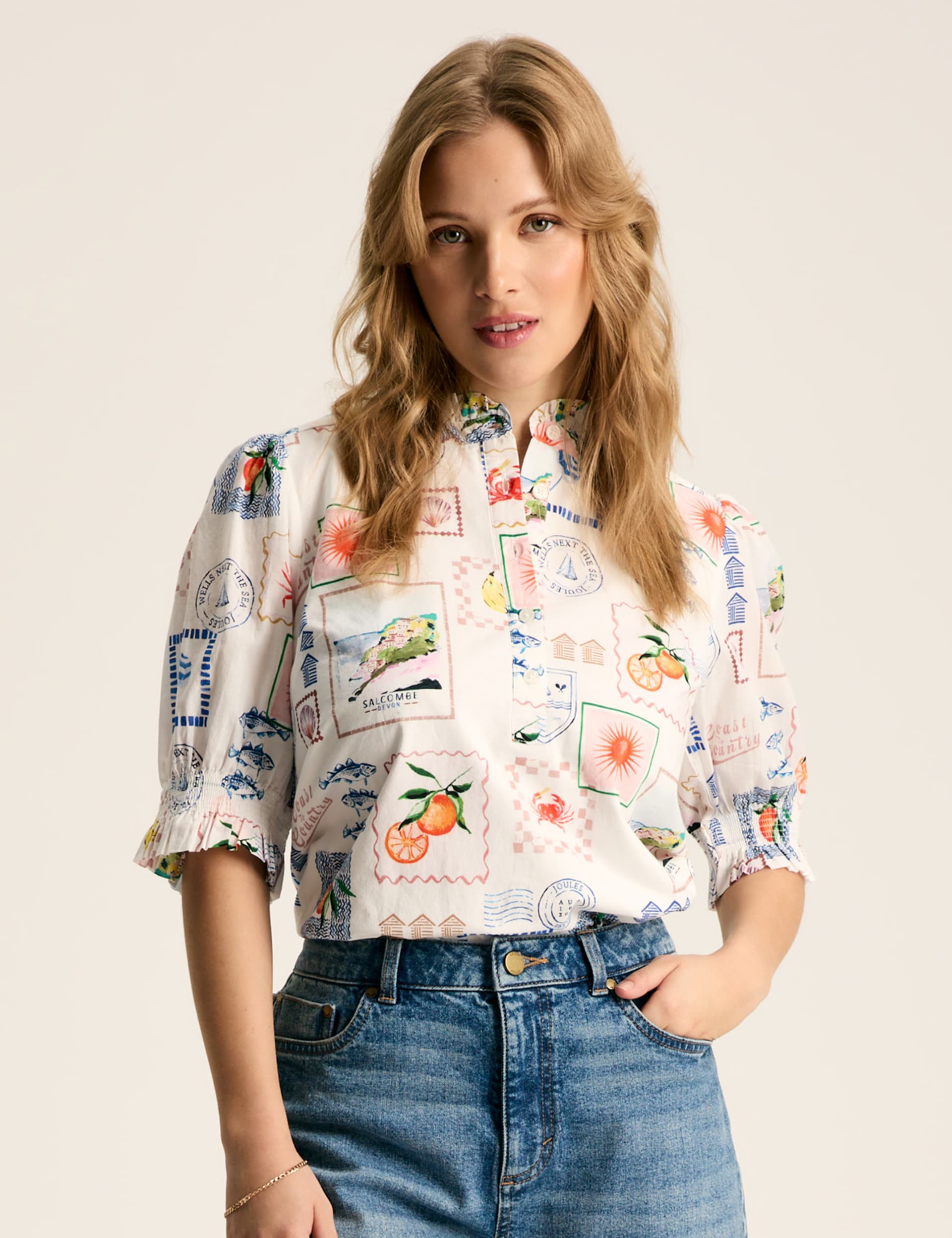 Pure Cotton Seaside Print Frill Neck Blouse | Joules | M&S