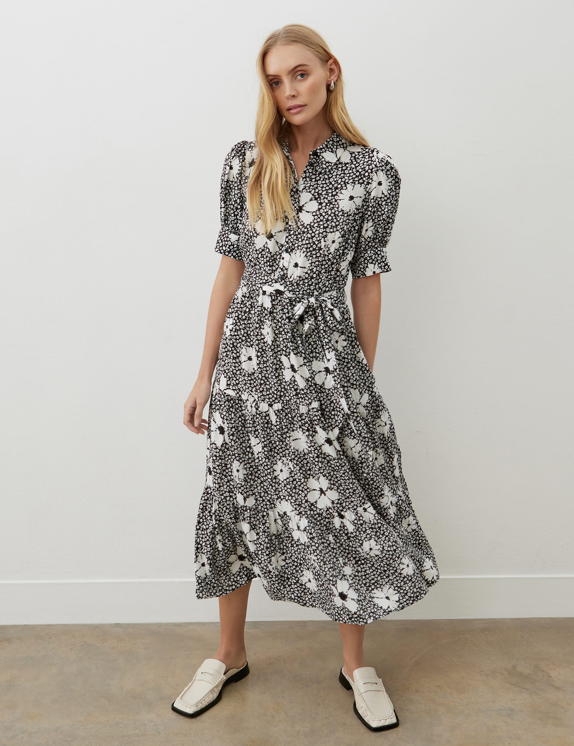 Floral Collared Tie Waist Midi Tiered Dress | Finery London | M&S