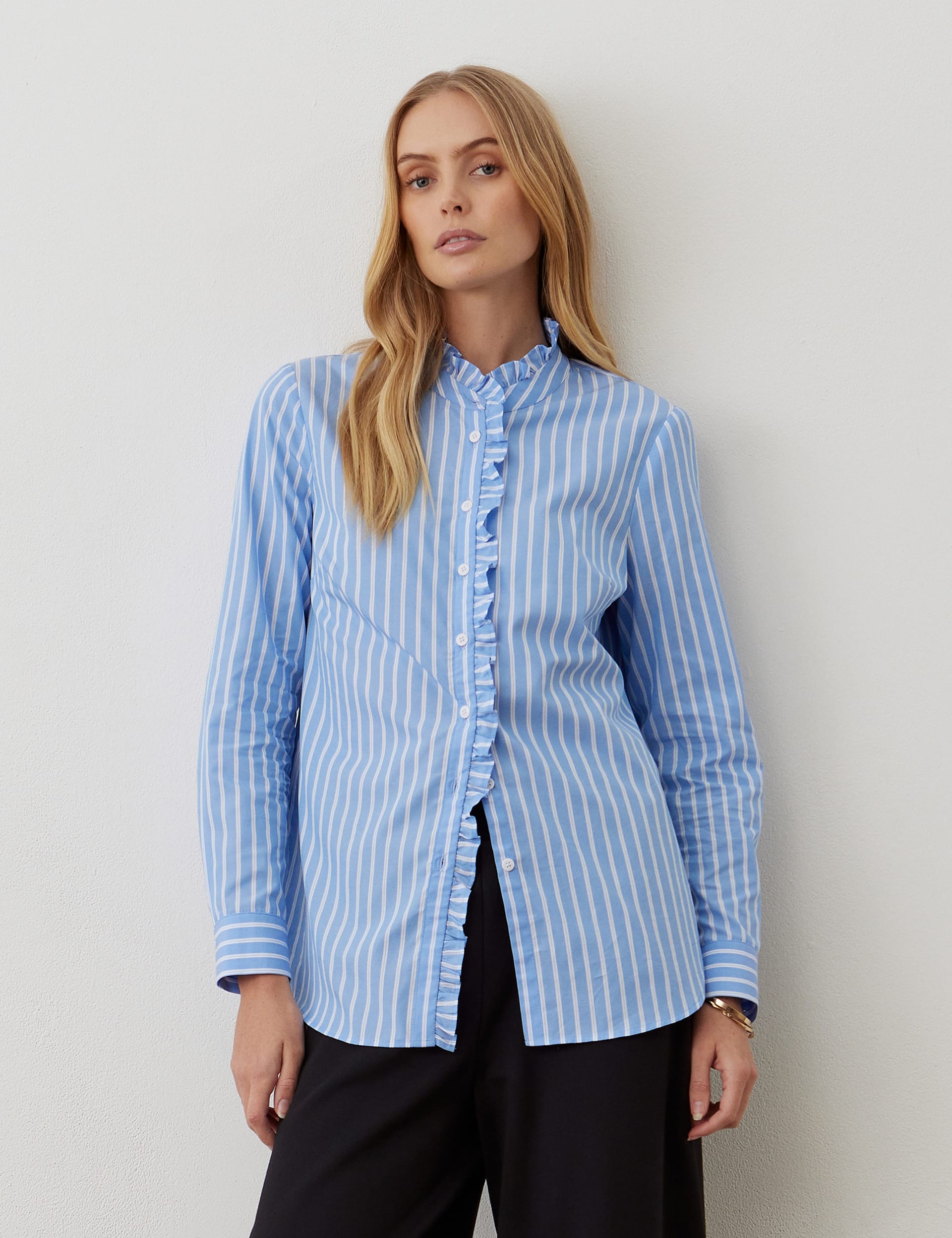 Pure Cotton Striped High Neck Ruffle Shirt | Finery London | M&S