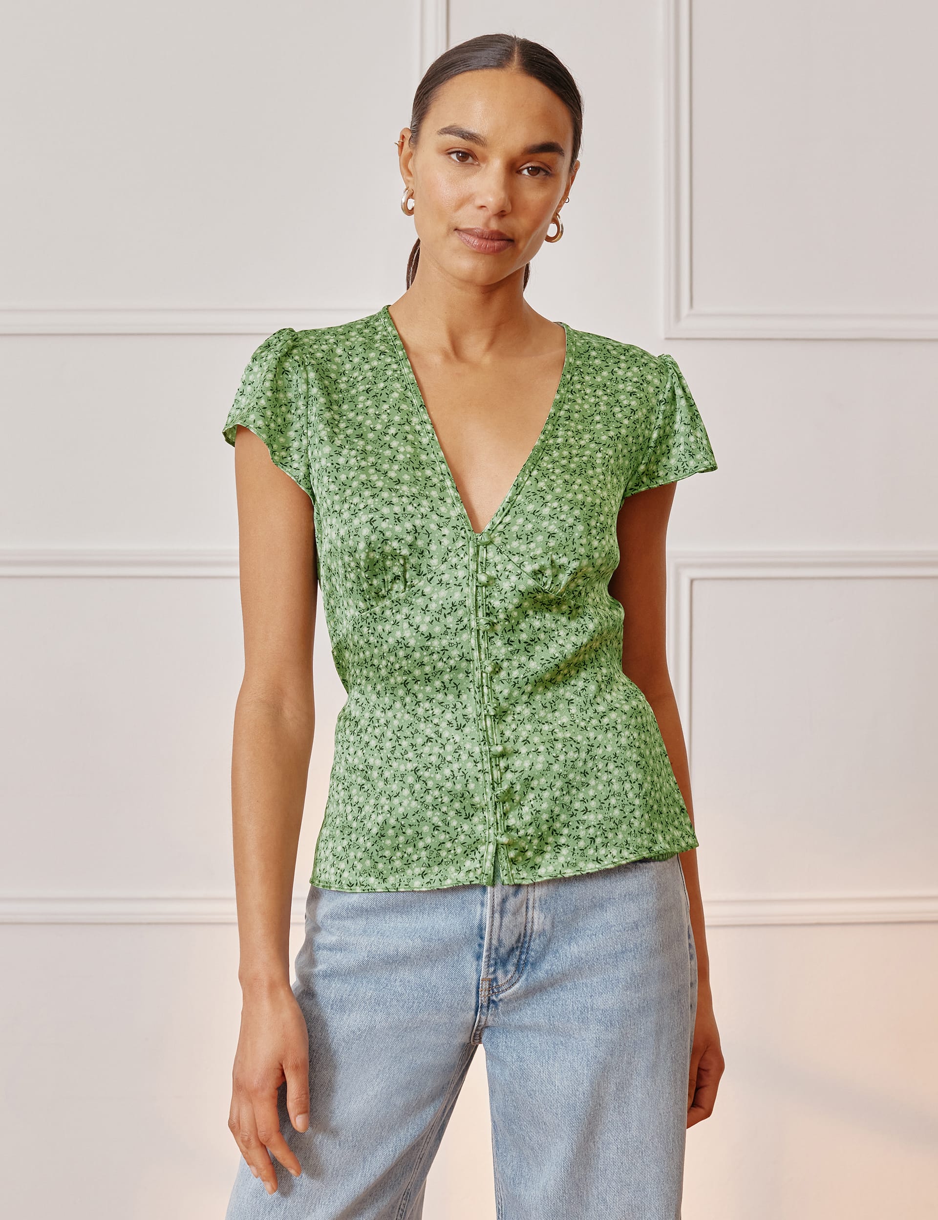 Satin Ditsy Floral V-Neck Button Through Top | Albaray | M&S