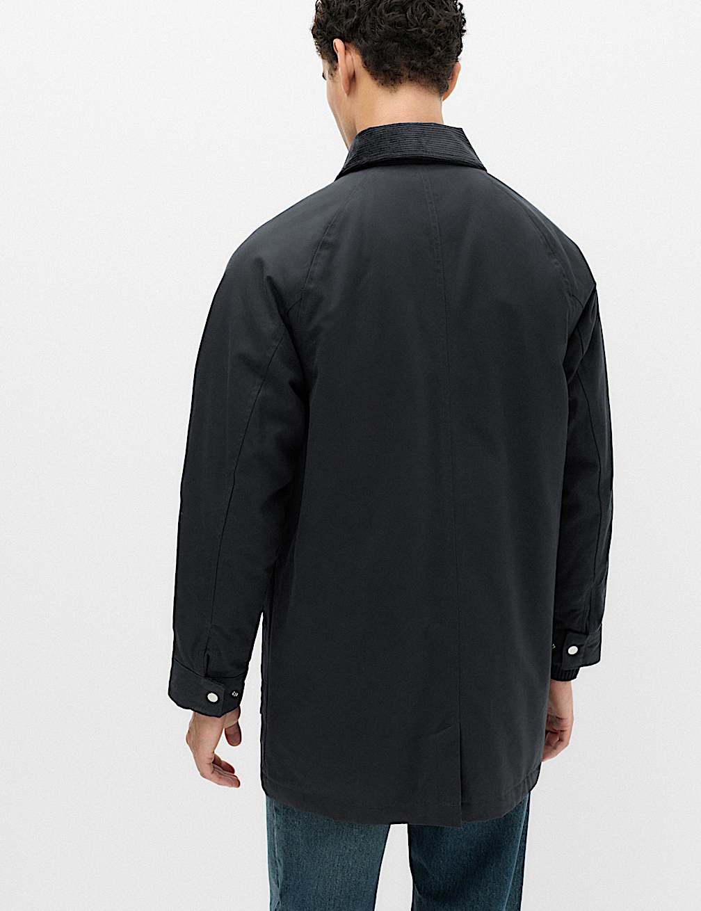 Back of the Marks & Spencer Pure Cotton Wax Jacket in navy