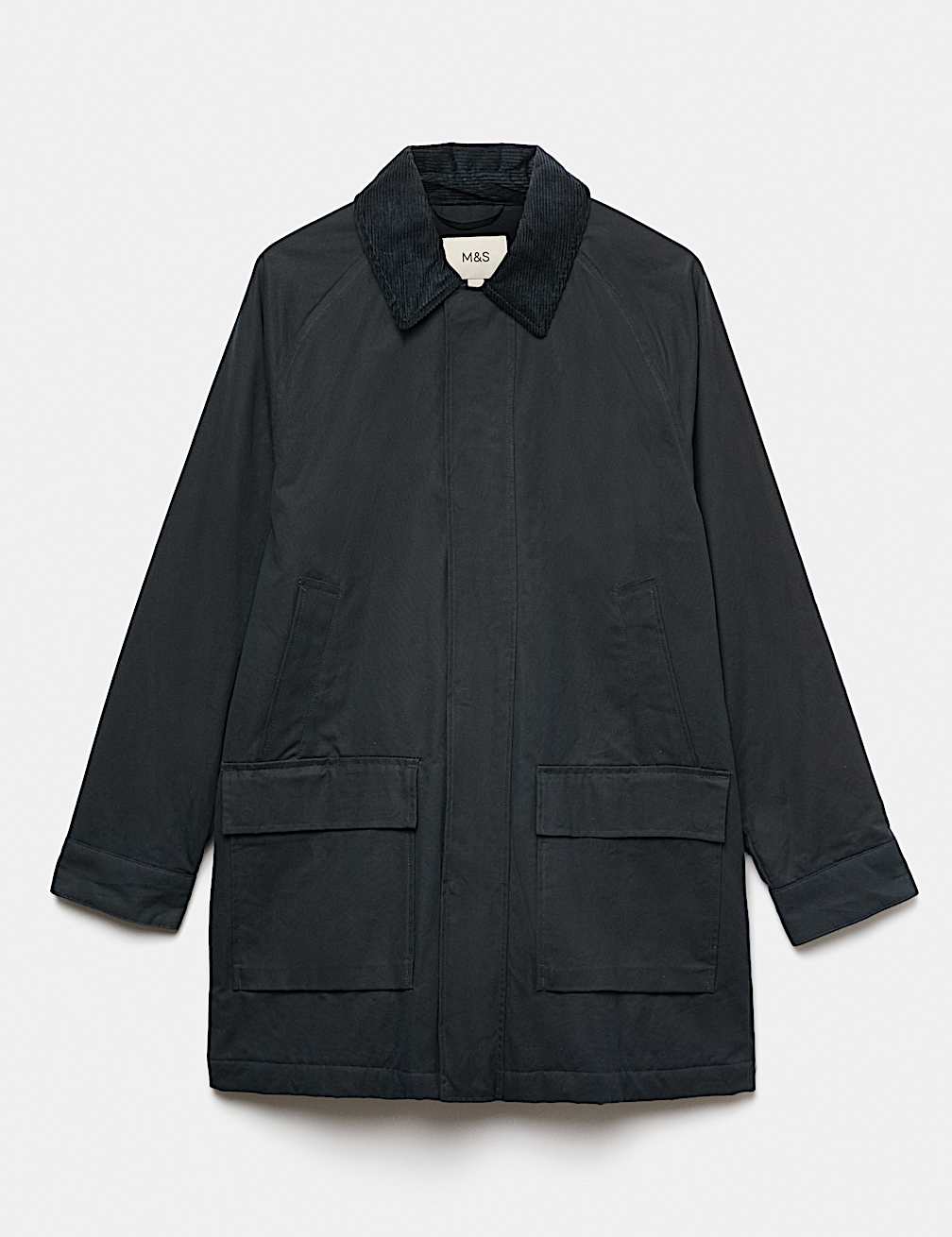 Marks & Spencer Pure Cotton Wax Jacket laid flat, showing the two front pockets