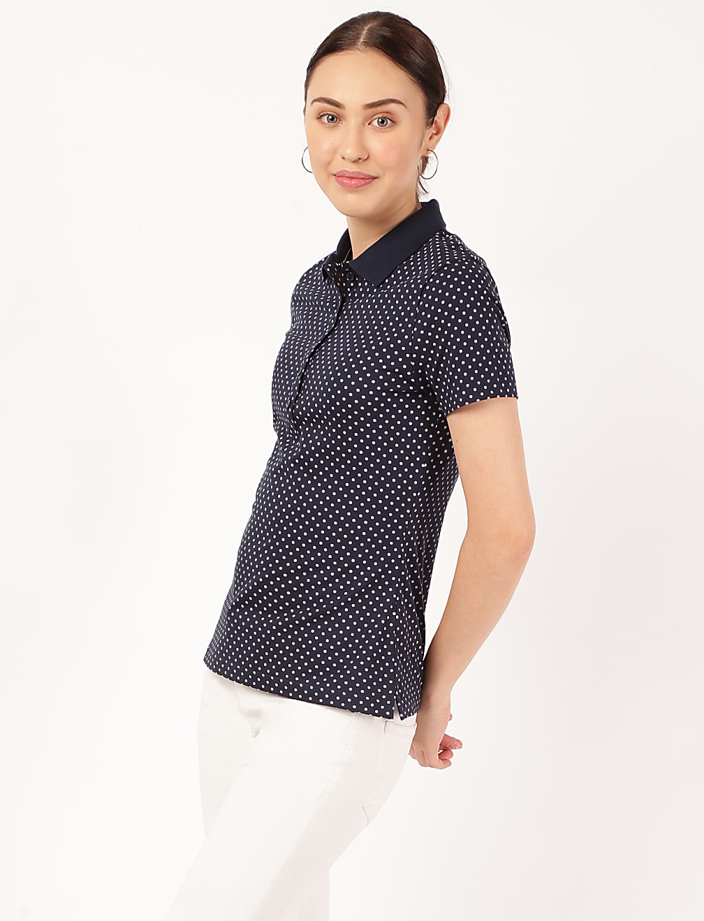 Pure Cotton Polka Dots Polo Neck T-Shirt