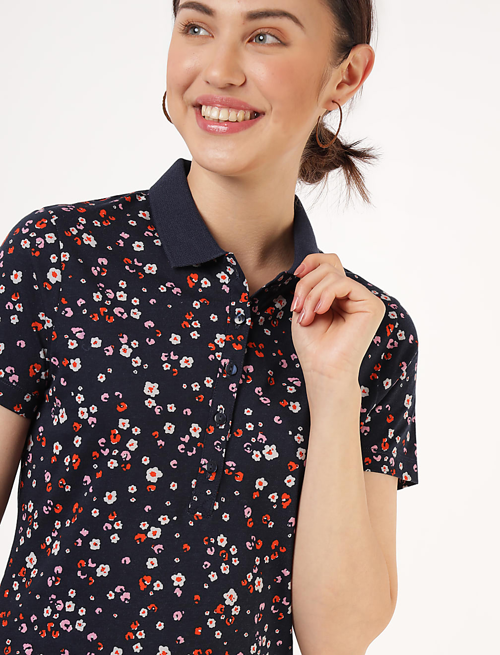 Pure Cotton Floral Polo Neck T-Shirt