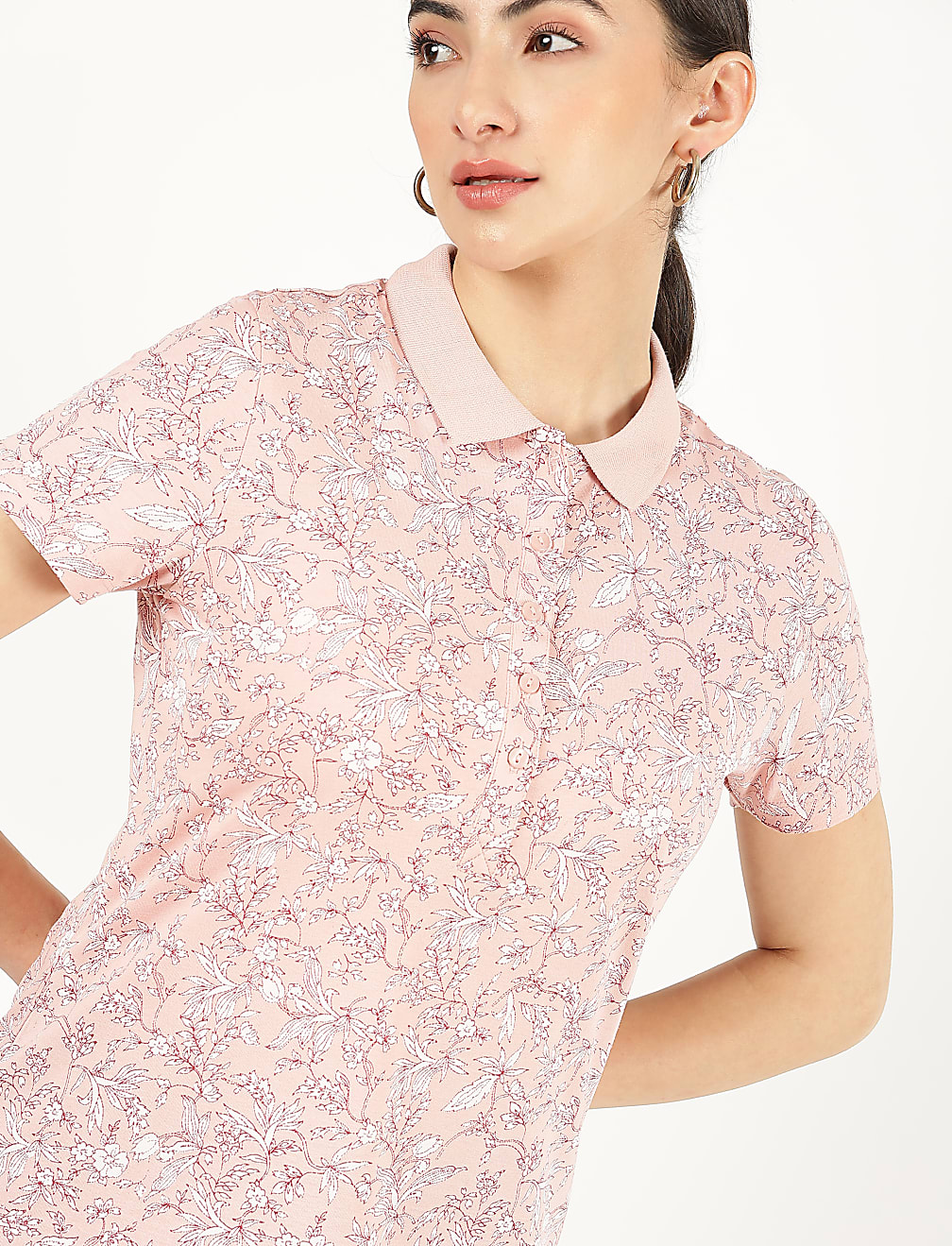 Pure Cotton Floral Collar Neck T-Shirt