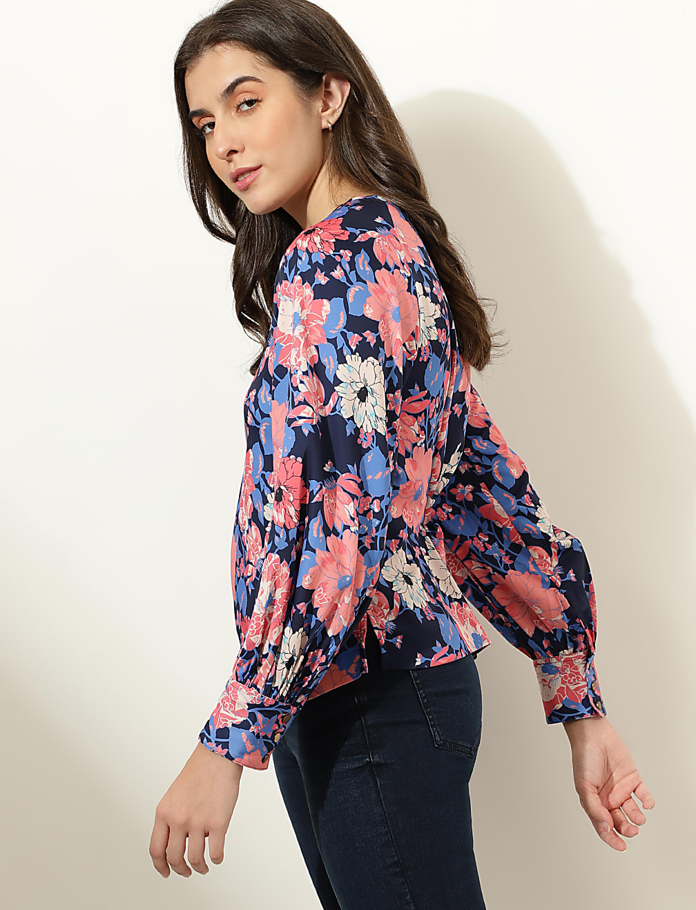 Satin Printed Keyhole Neck Top