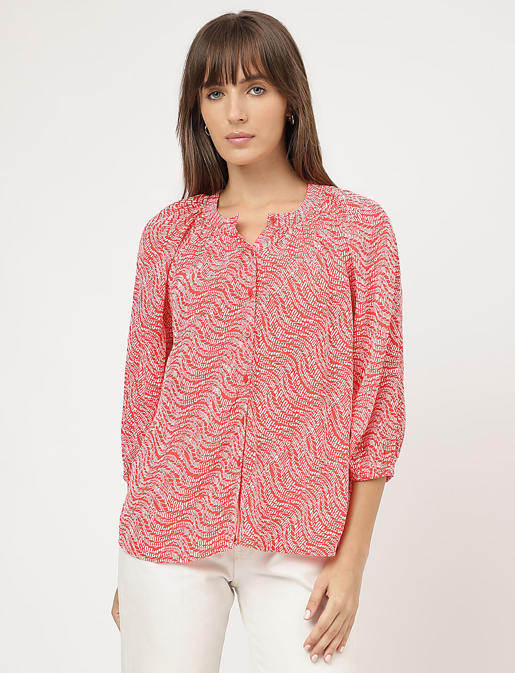 Pure Viscose Printed Band Collar Shirt