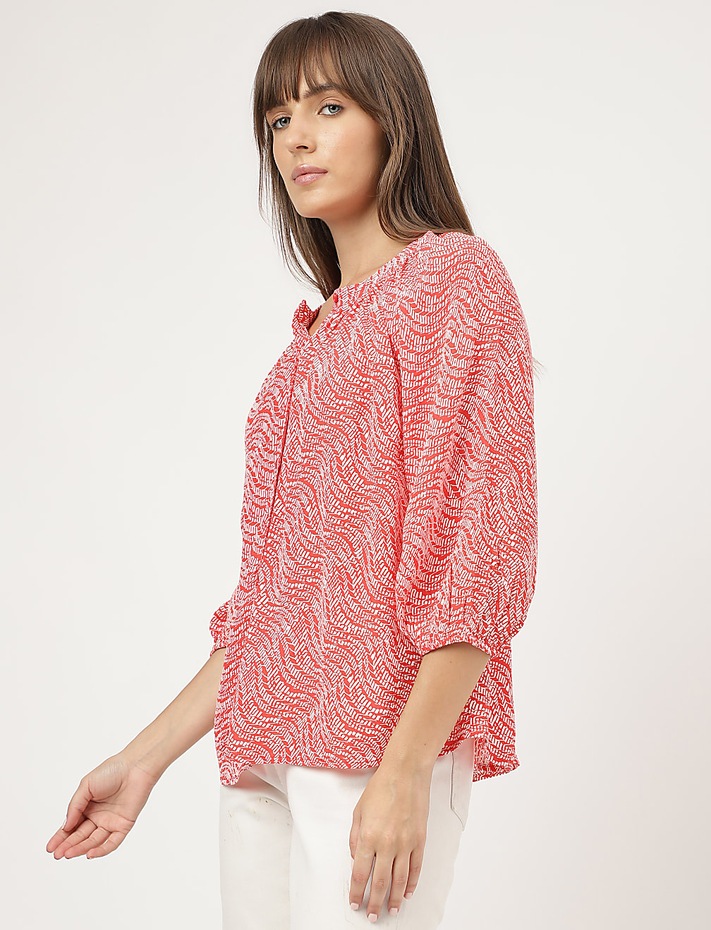 Pure Viscose Printed Band Collar Shirt