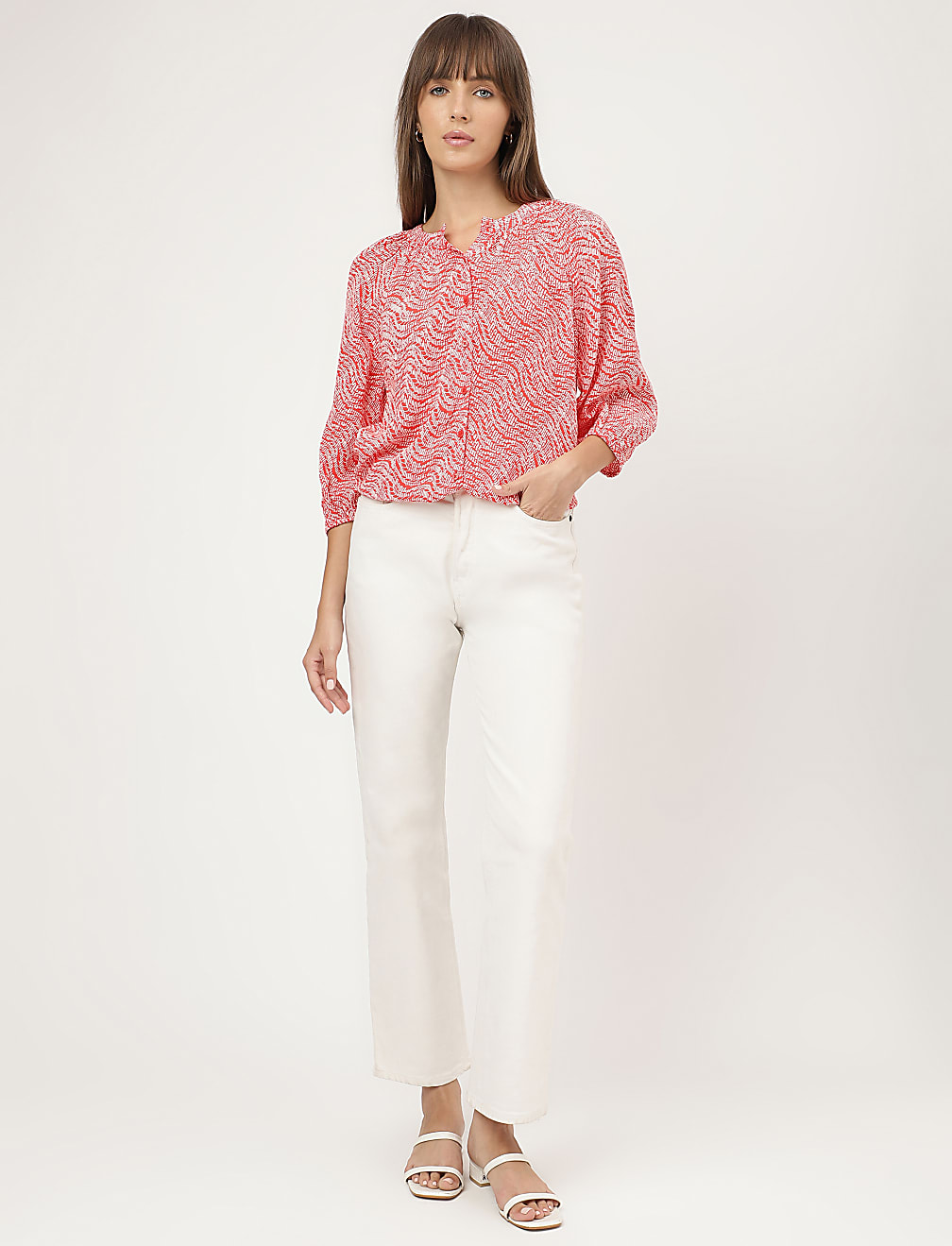 Pure Viscose Printed Band Collar Shirt