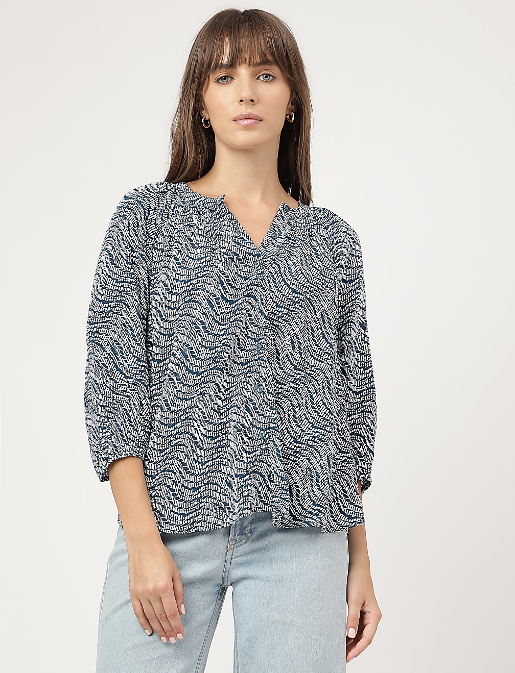 Pure Viscose Printed Band Collar Shirt