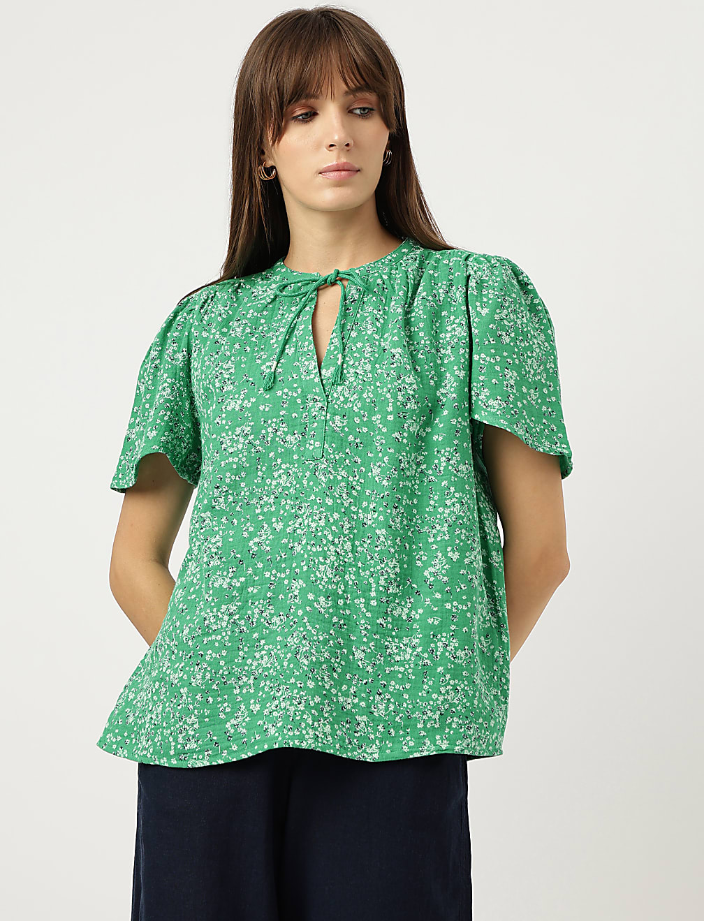 Pure Cotton Floral Print Tie-Up Neck Blouse