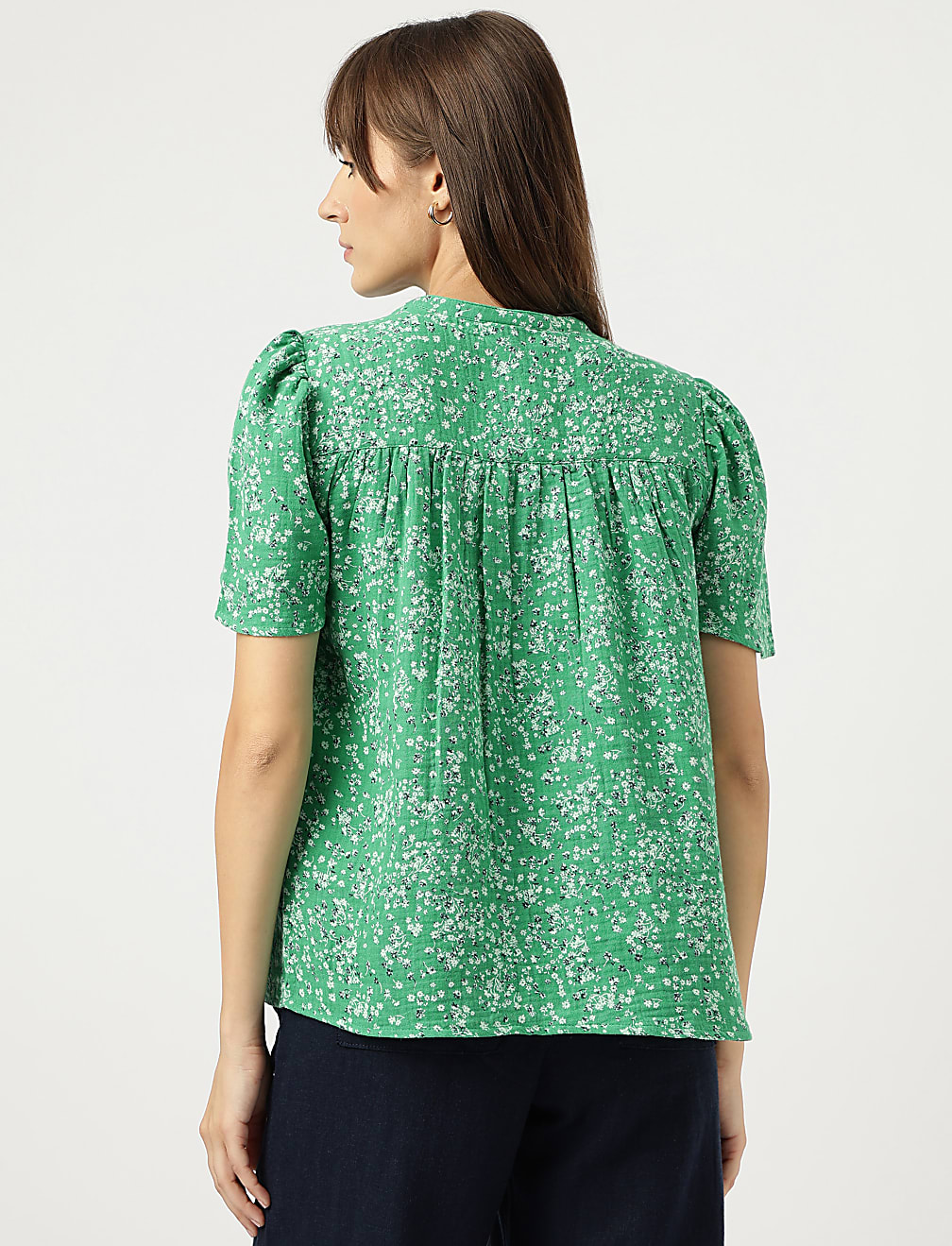 Pure Cotton Floral Print Tie-Up Neck Blouse