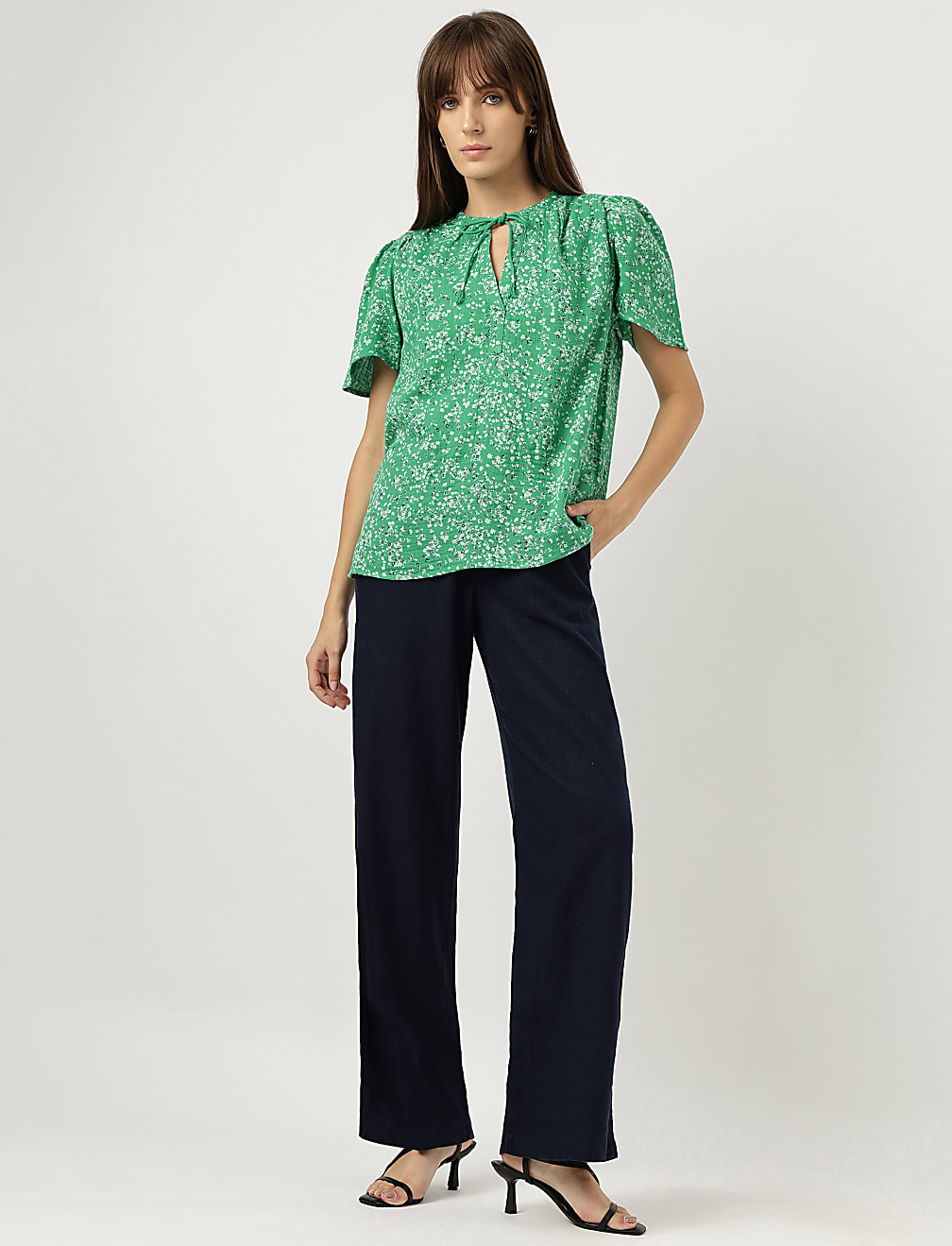 Pure Cotton Floral Print Tie-Up Neck Blouse