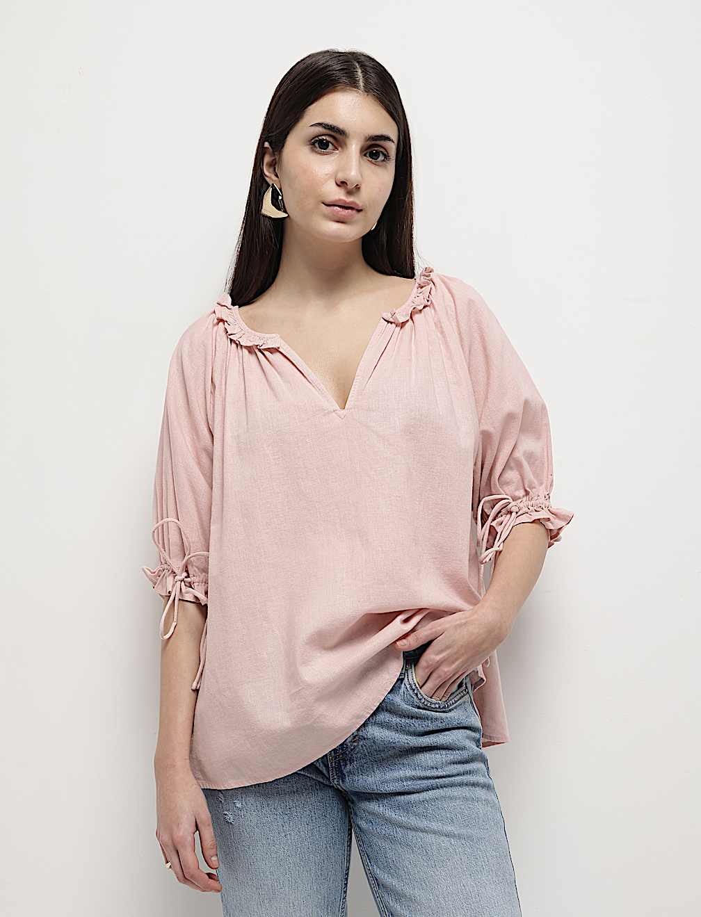 Linen Rich Ruffled Neck Blouson Top
