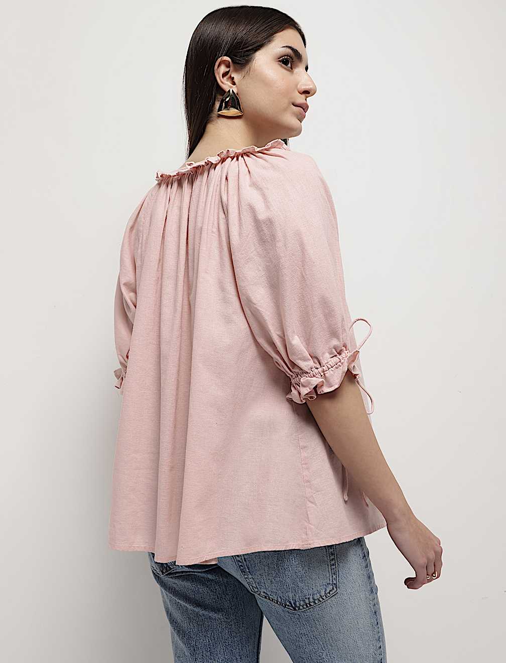 Linen Rich Ruffled Neck Blouson Top