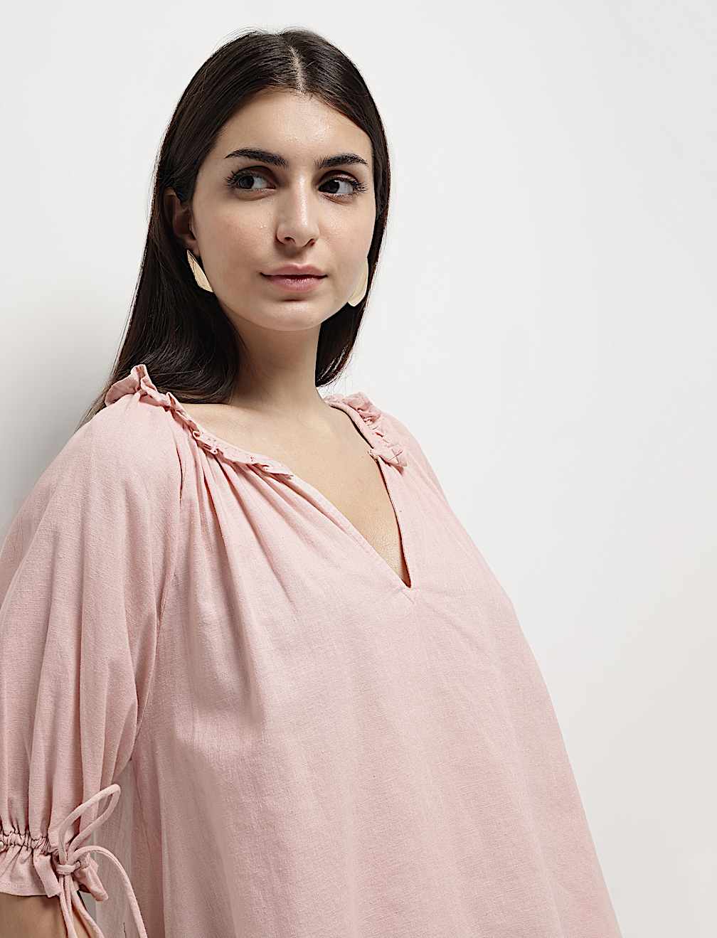Linen Rich Ruffled Neck Blouson Top