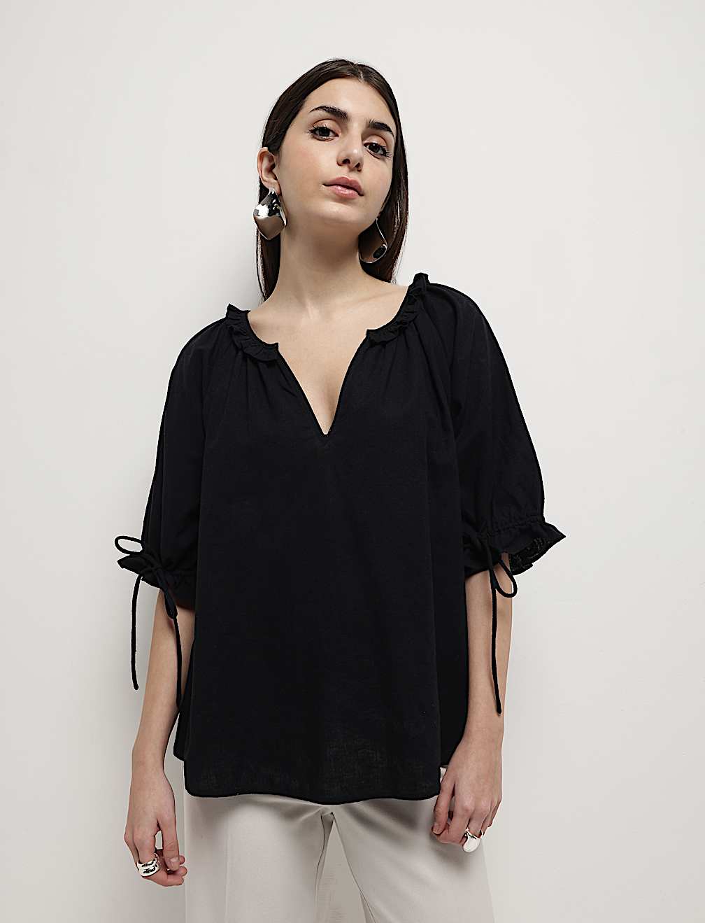 Linen Rich Ruffled Neck Blouson Top