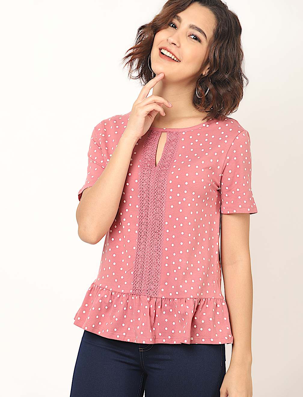 Cotton Mix Polka Dots Key Hole Neck Top